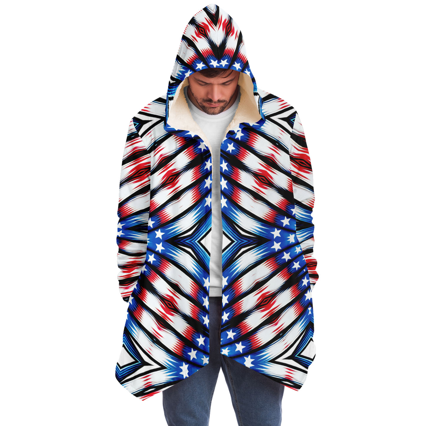 Men's Red White Blue Geometric Pattern All-Over Print All Over Print Microfleece Cloak