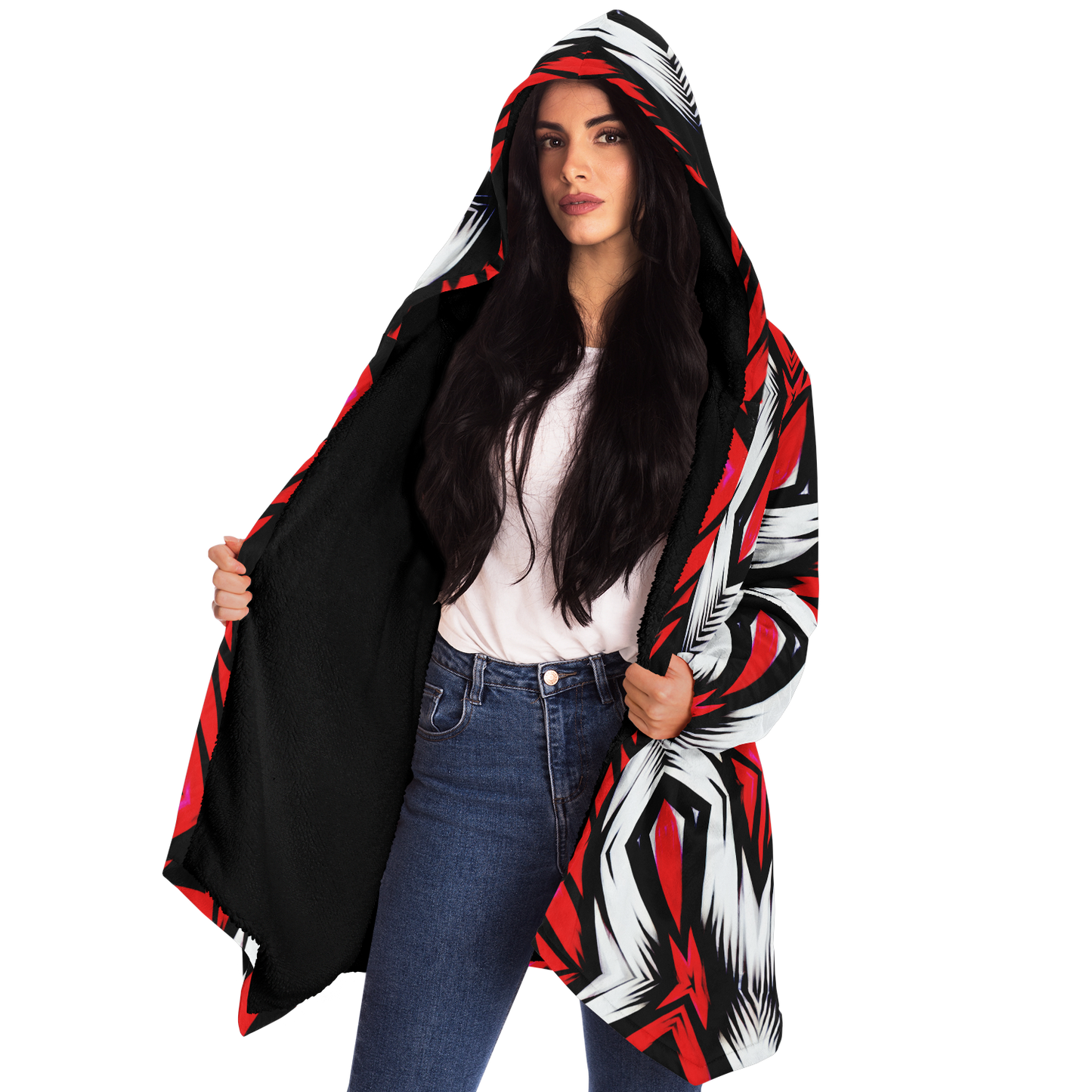 Women's Abstract Red, White & Black Pattern All-Over Print Microfleece Cloak