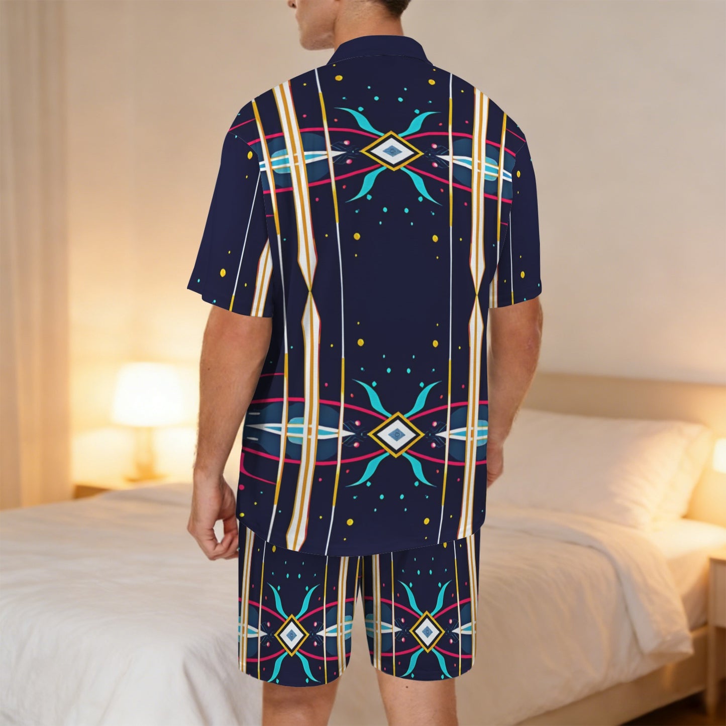 Men's Abstract Neon Geometry Pattern All Over Print V-Neck Short Pajama Set