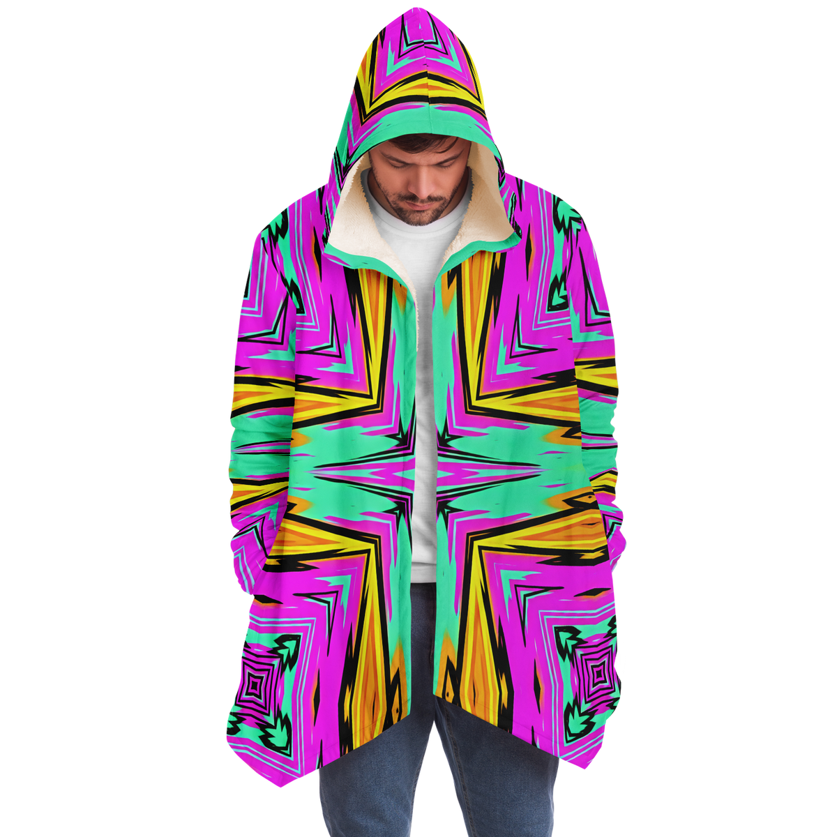 Men's Neon Geometric Star Pattern Design All Over Print Microfleece Cloak