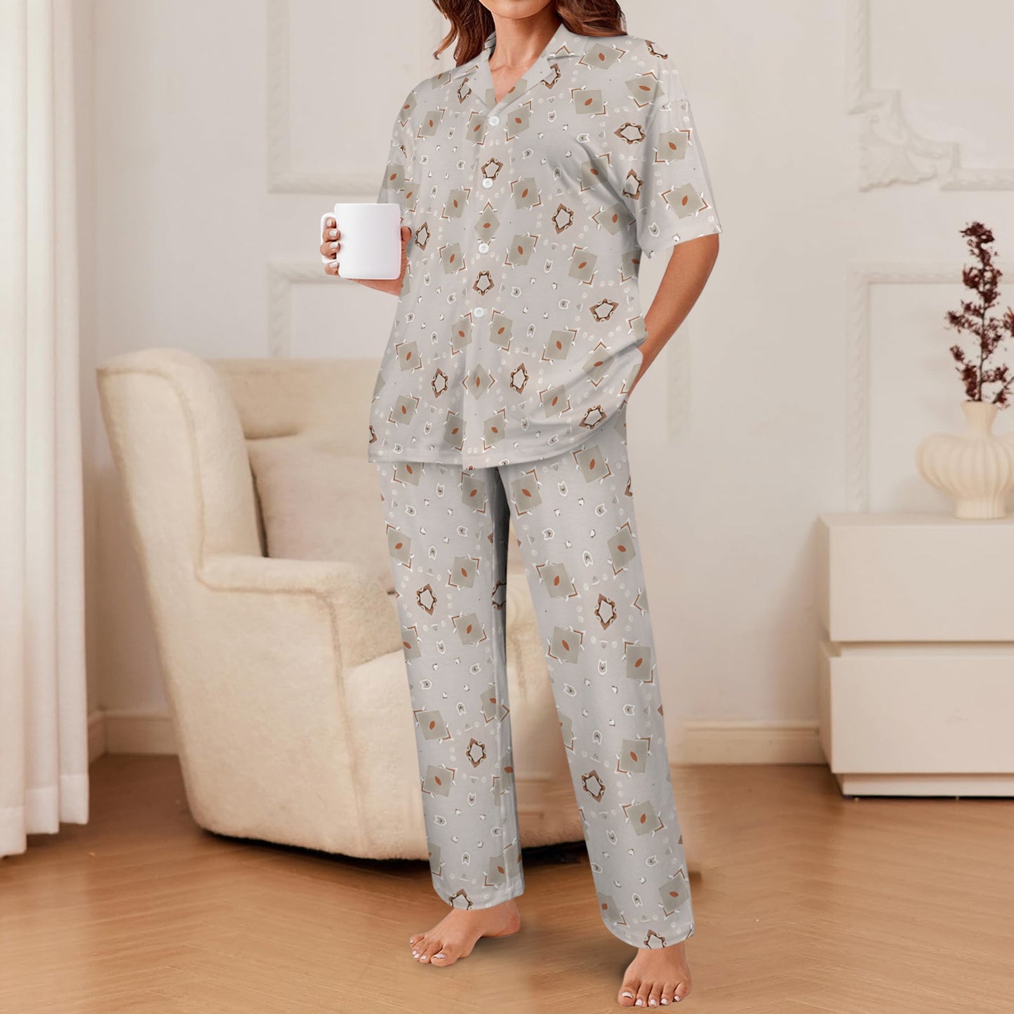 Women's Neutral Boho Graphic Pattern All-Over Print V-Neck Pajama Set