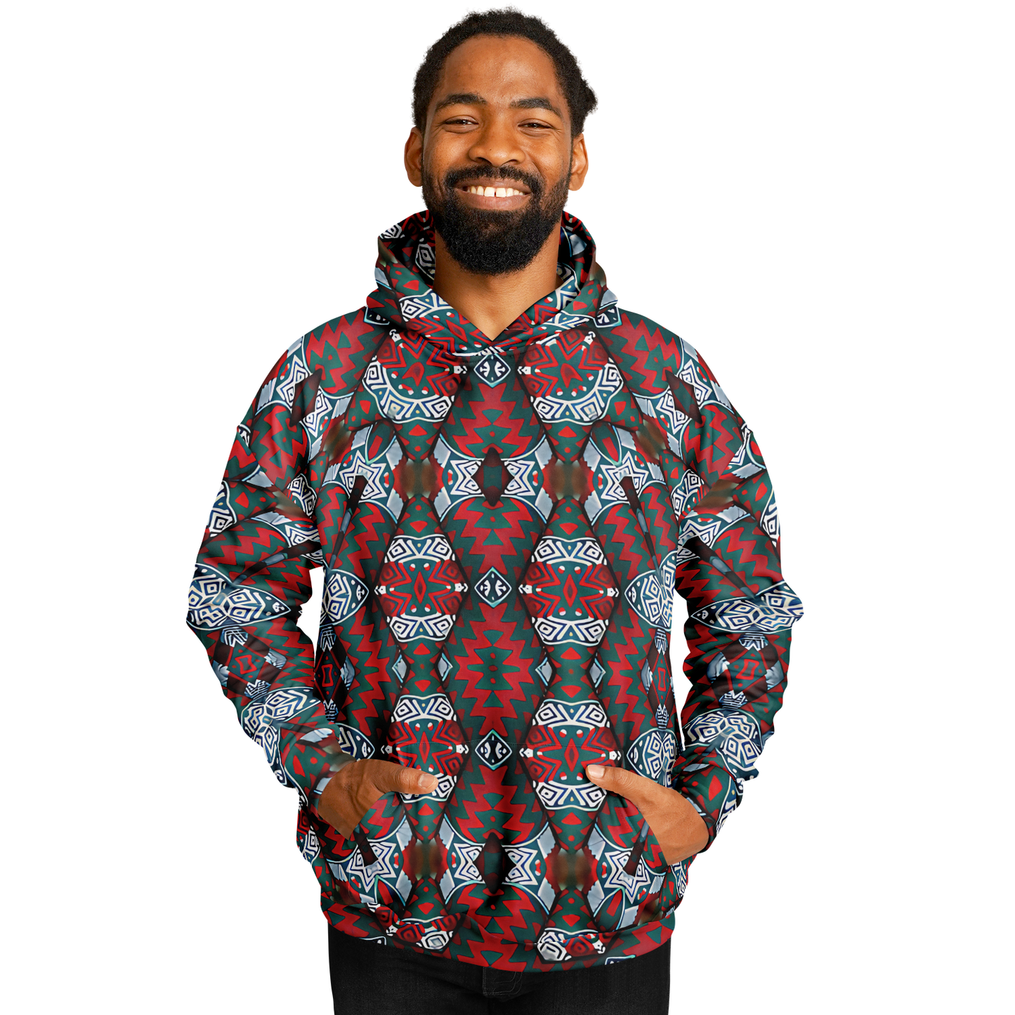 Men's Red & Teal Geometric Pattern Heavyweight Oversized Hoodie