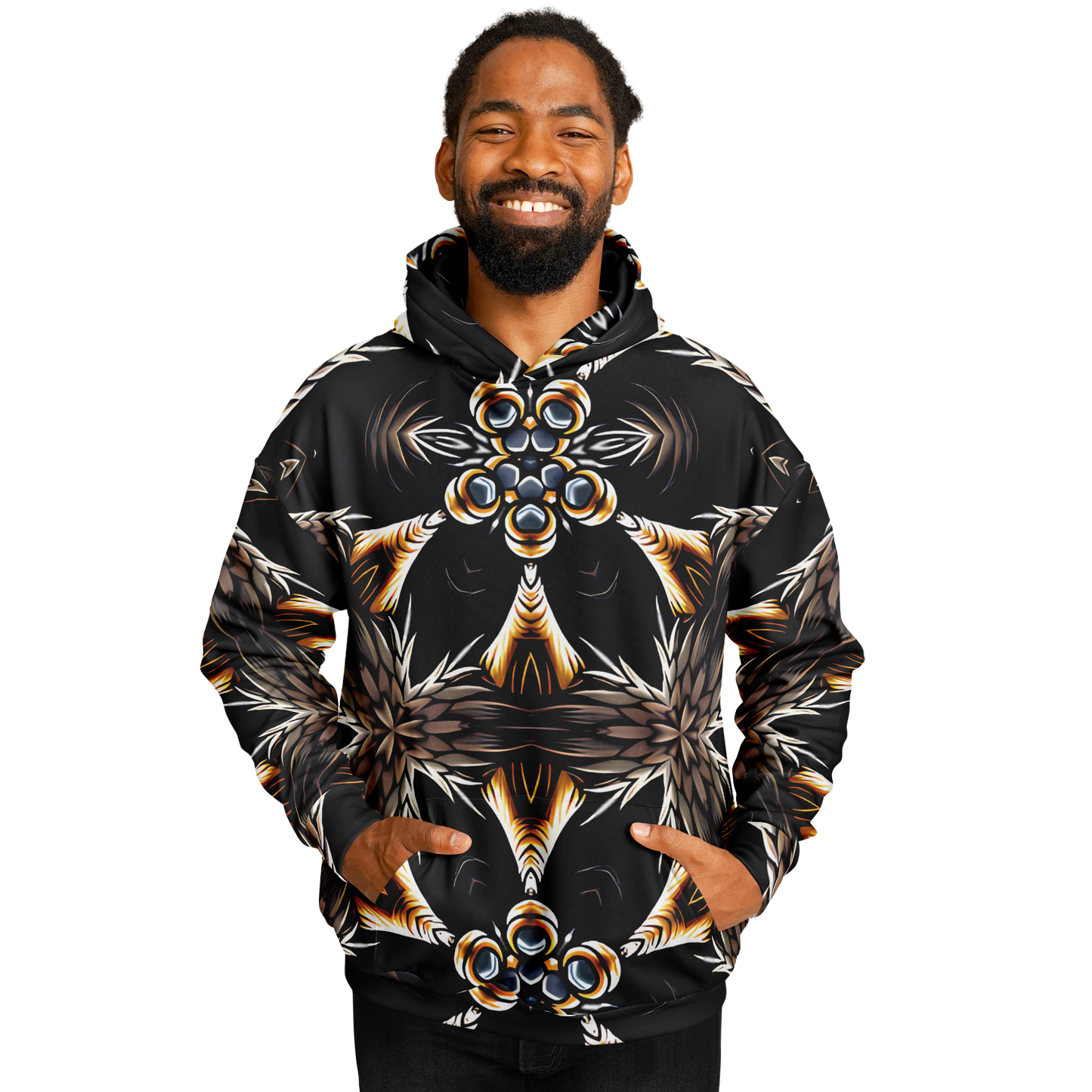 Men's Geometric Black & Gold Kaleidoscope Print Heavyweight Oversized Hoodie