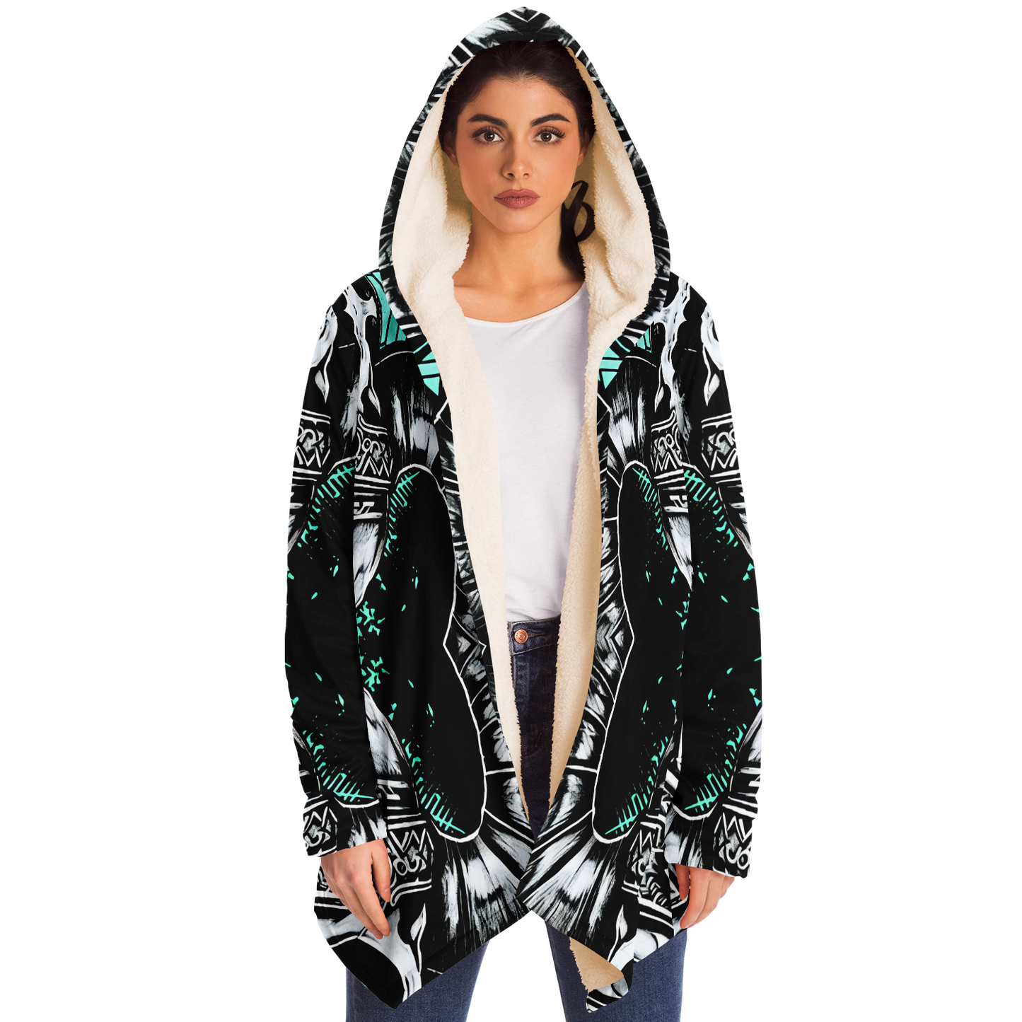 Women's Teal Black White & Green Geometric Pattern All Over Print Microfleece Cloak