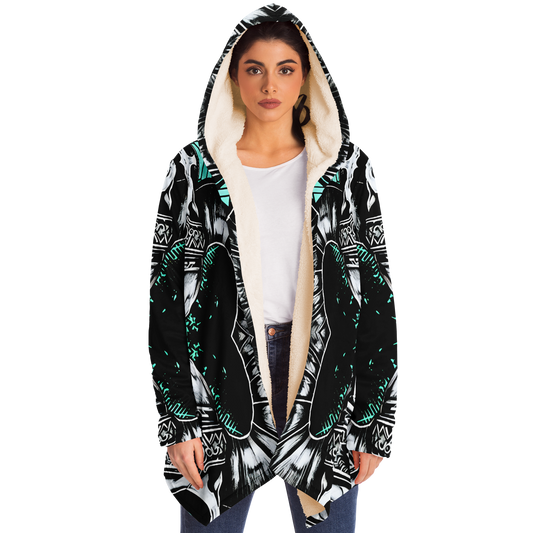 Women's Teal Black White & Green Geometric Pattern All Over Print Microfleece Cloak