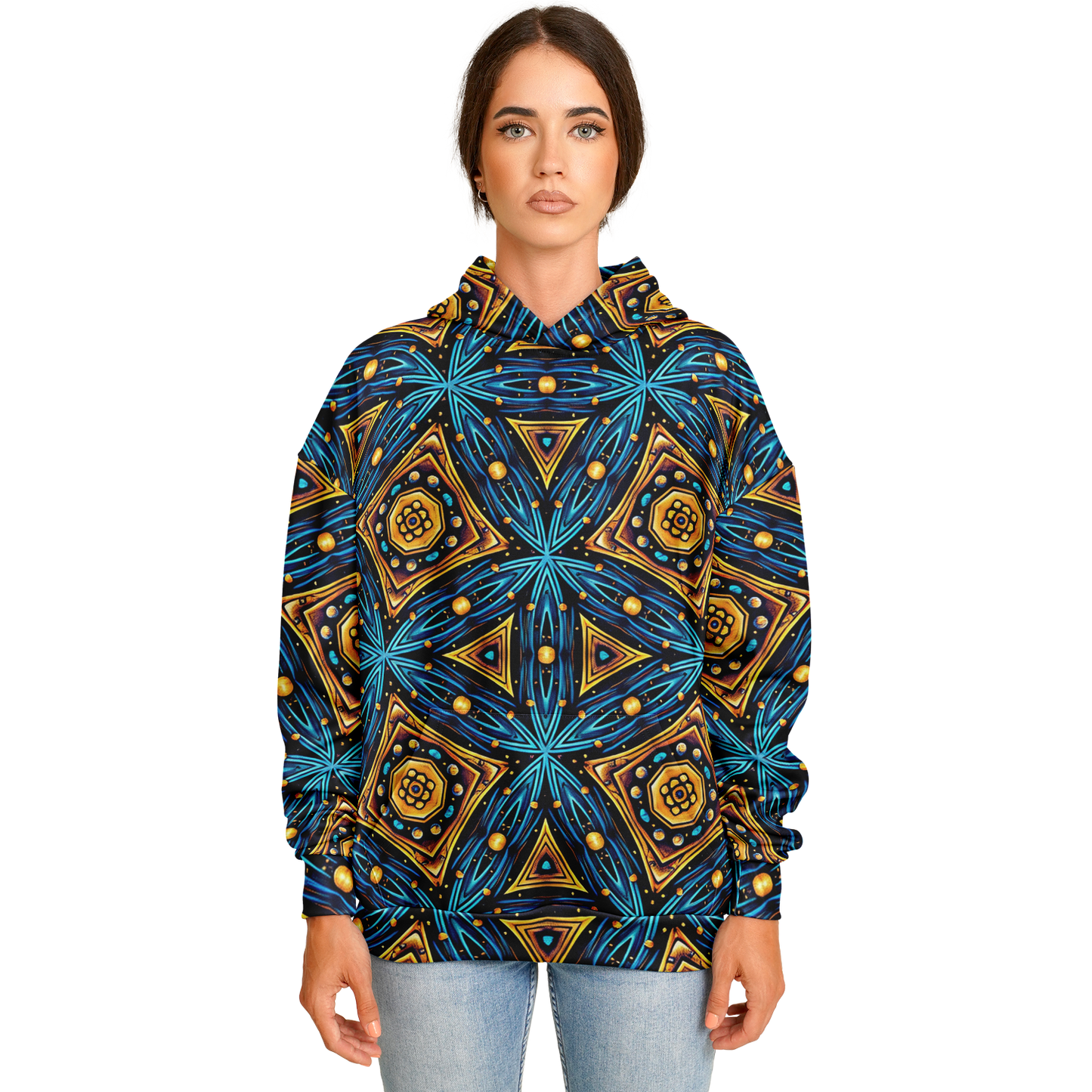Women's Blue & Gold Geometric Pattern All Over Print Heavyweight Oversized Hoodie