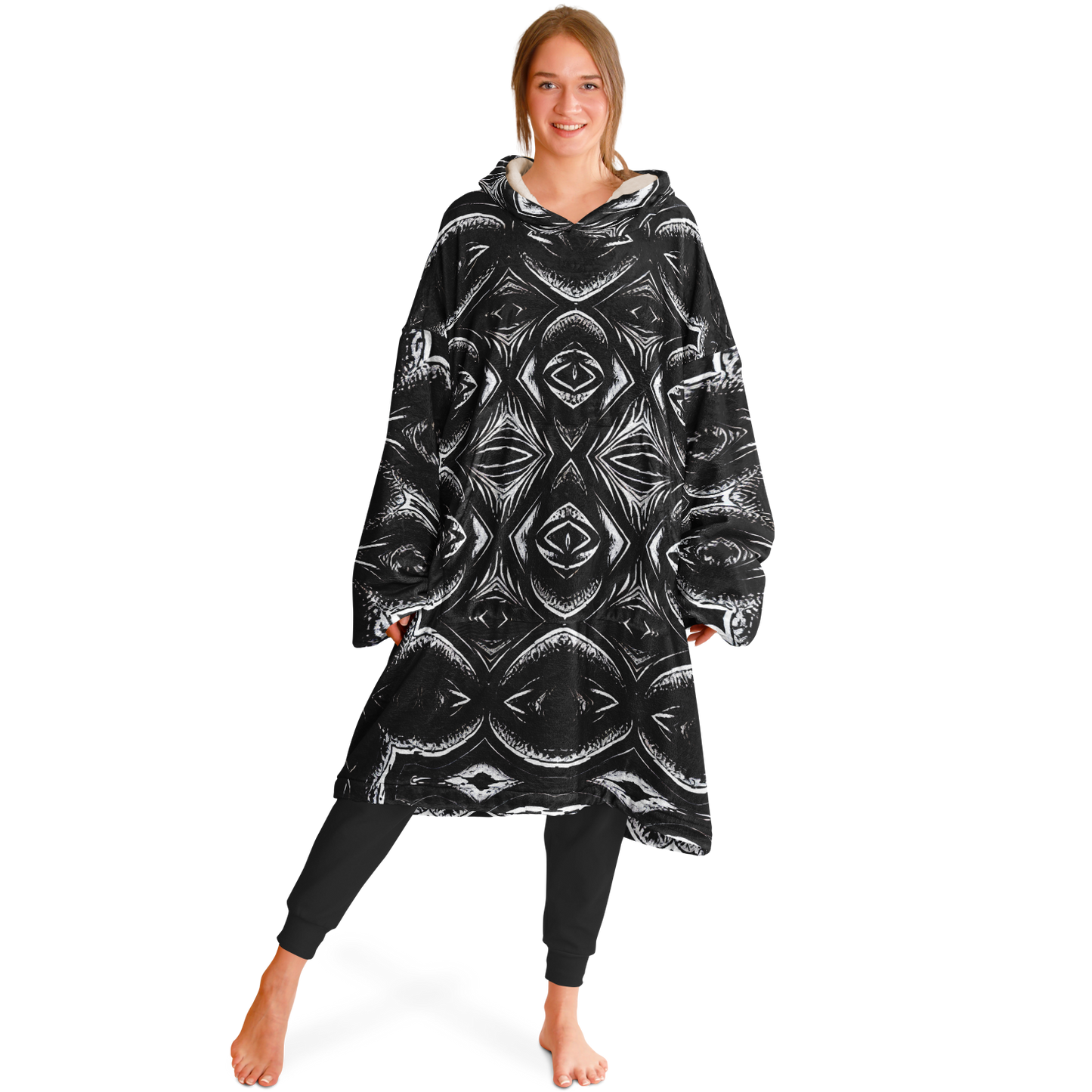 Women's Black Kaleidoscope Pattern All-Over Print Snug Hoodie Economy