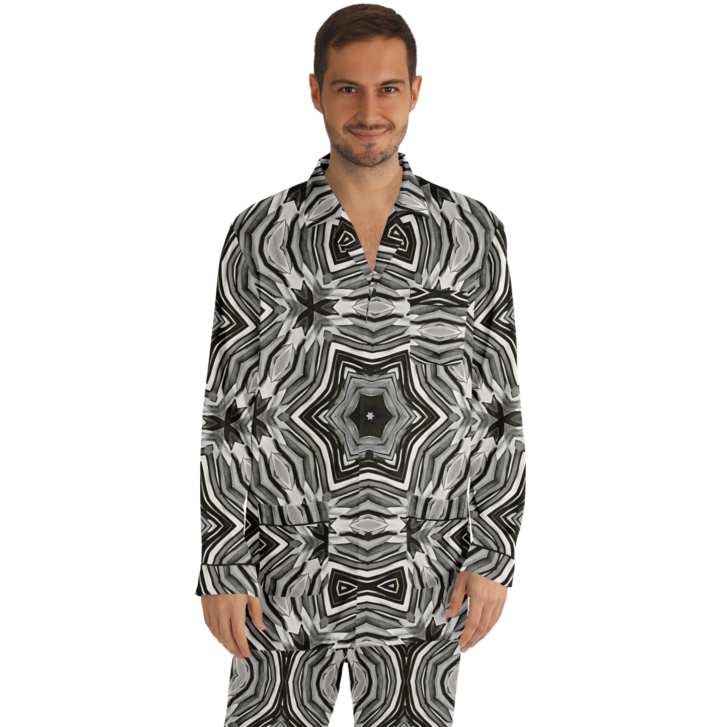 Men's Monochrome Kaleidoscope Pattern Satin Pajamas