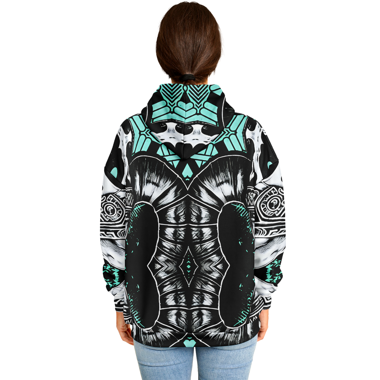 Women's Black White & Green Geo Pattern All Over Print Heavyweight Oversized Hoodie