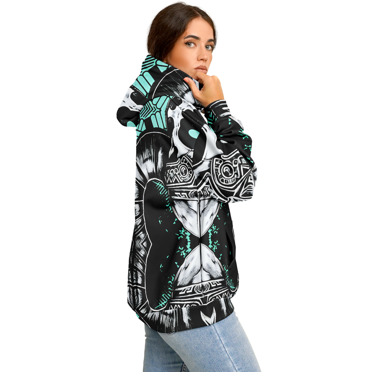 Women's Black White & Green Geo Pattern All Over Print Heavyweight Oversized Hoodie
