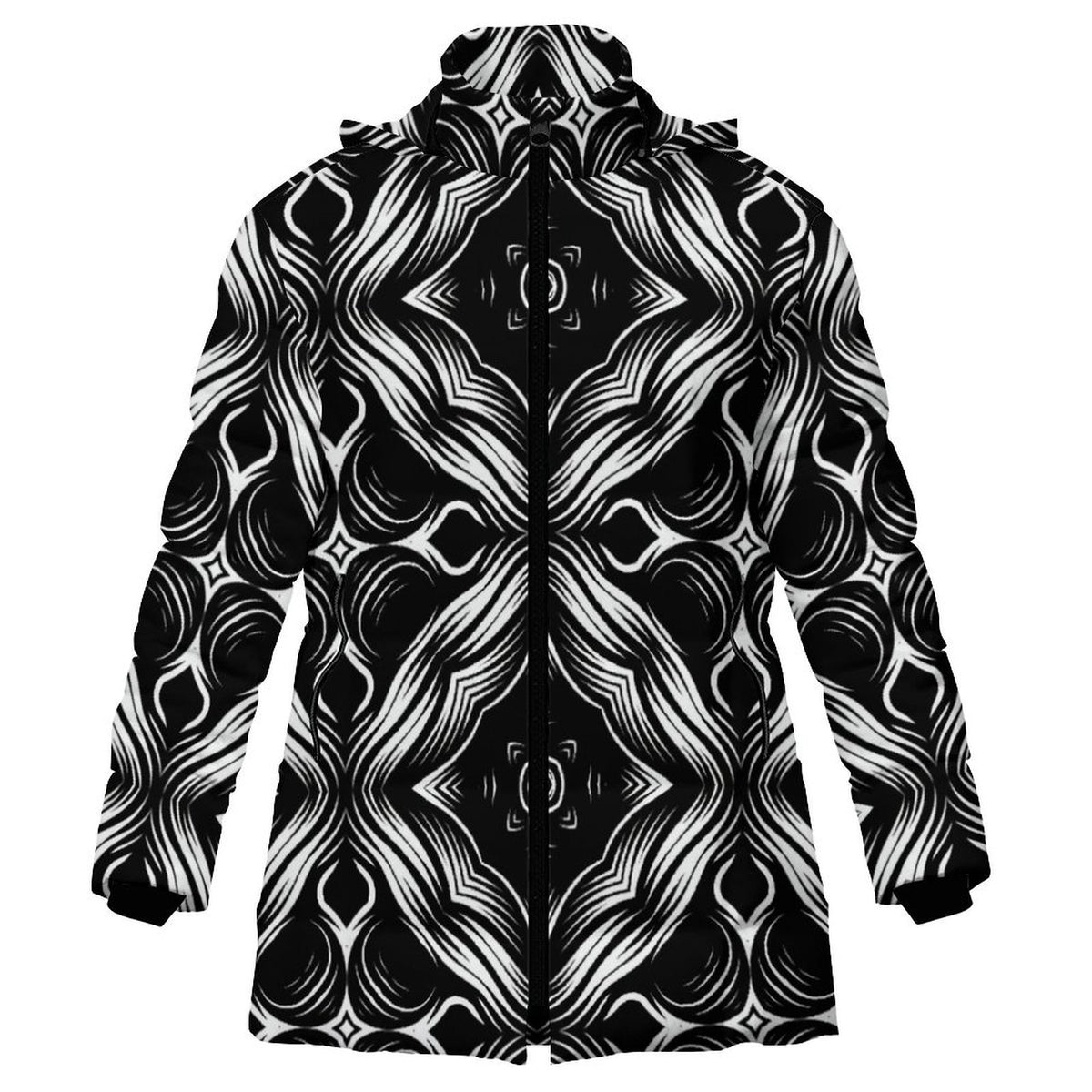 Women's Black & White Geometric Pattern All-Over Print Hooded Puffer Coat