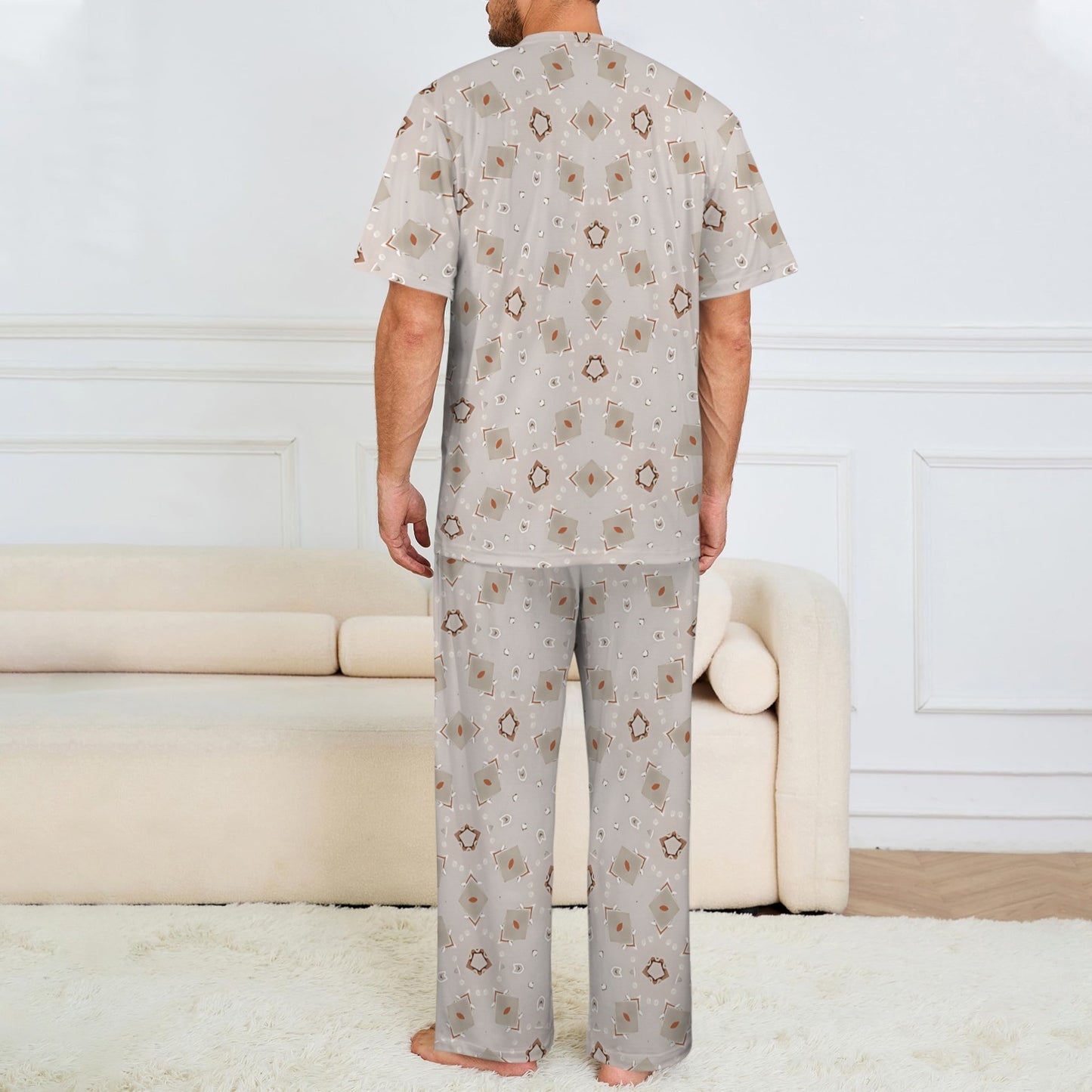 Men's Neutral Calico Floral Pattern All-Over Print Crew Neck Pajama Set