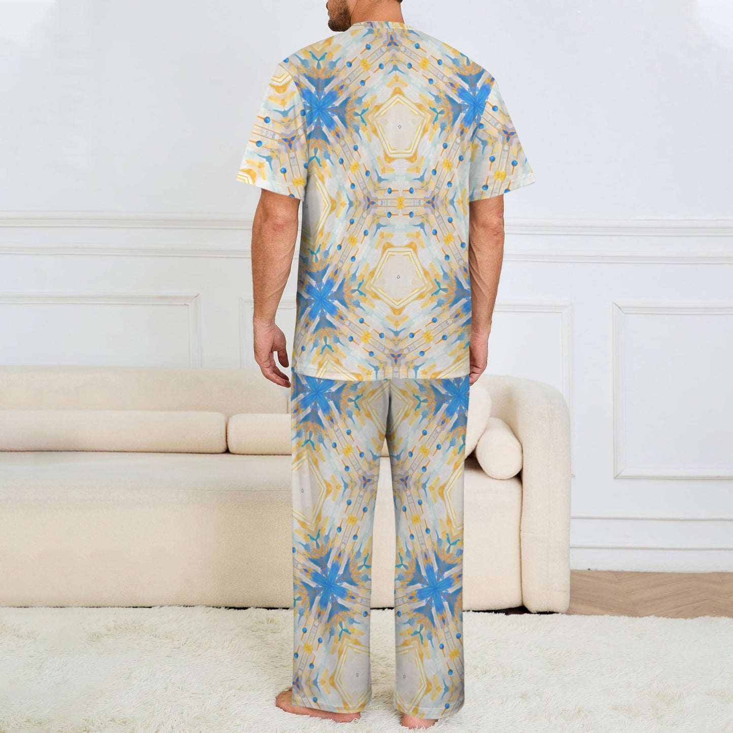Men's Kaleidoscope Sunburst Pattern All-Over Print Crew Neck Pajama Set
