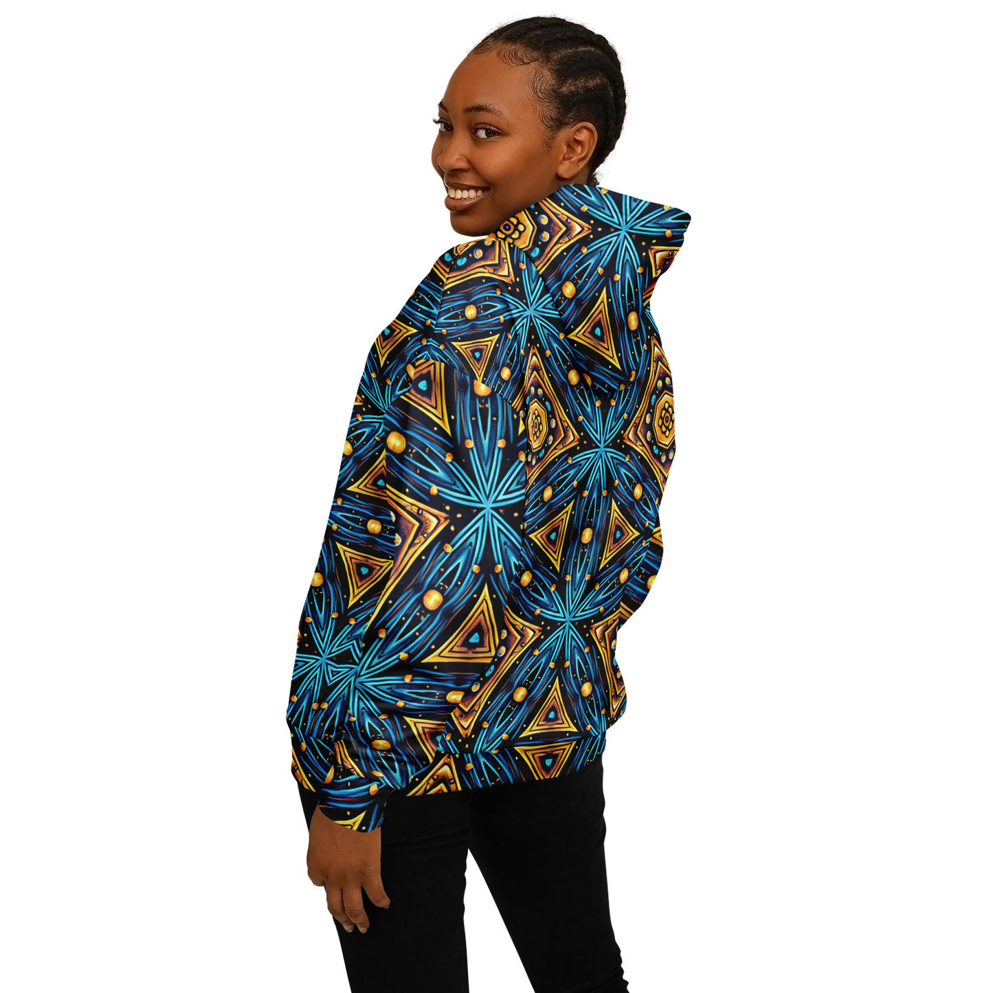 Women's Blue & Gold Geometric Pattern All Over Print Heavyweight Oversized Hoodie
