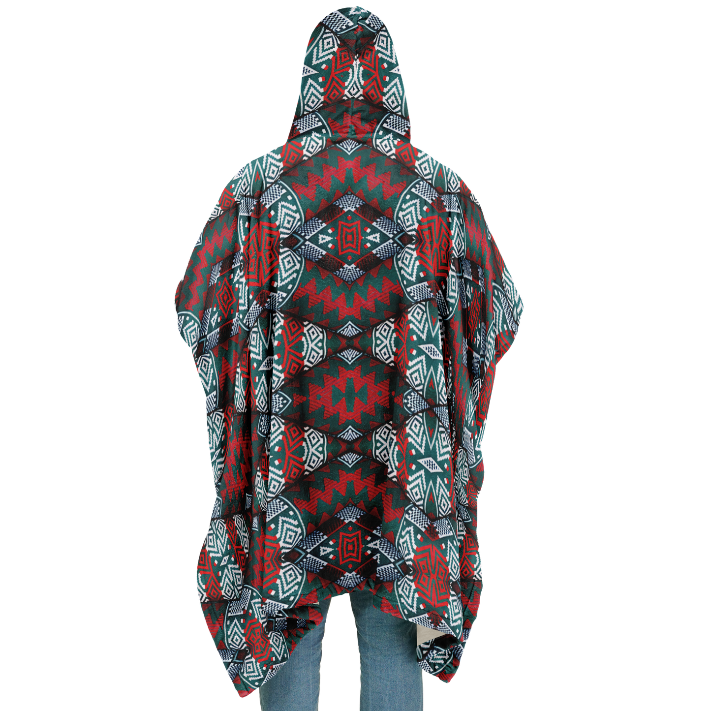 Men's Red, Green & Teal Tribal Geometric Pattern All-Over Print Flannel Blanket Poncho