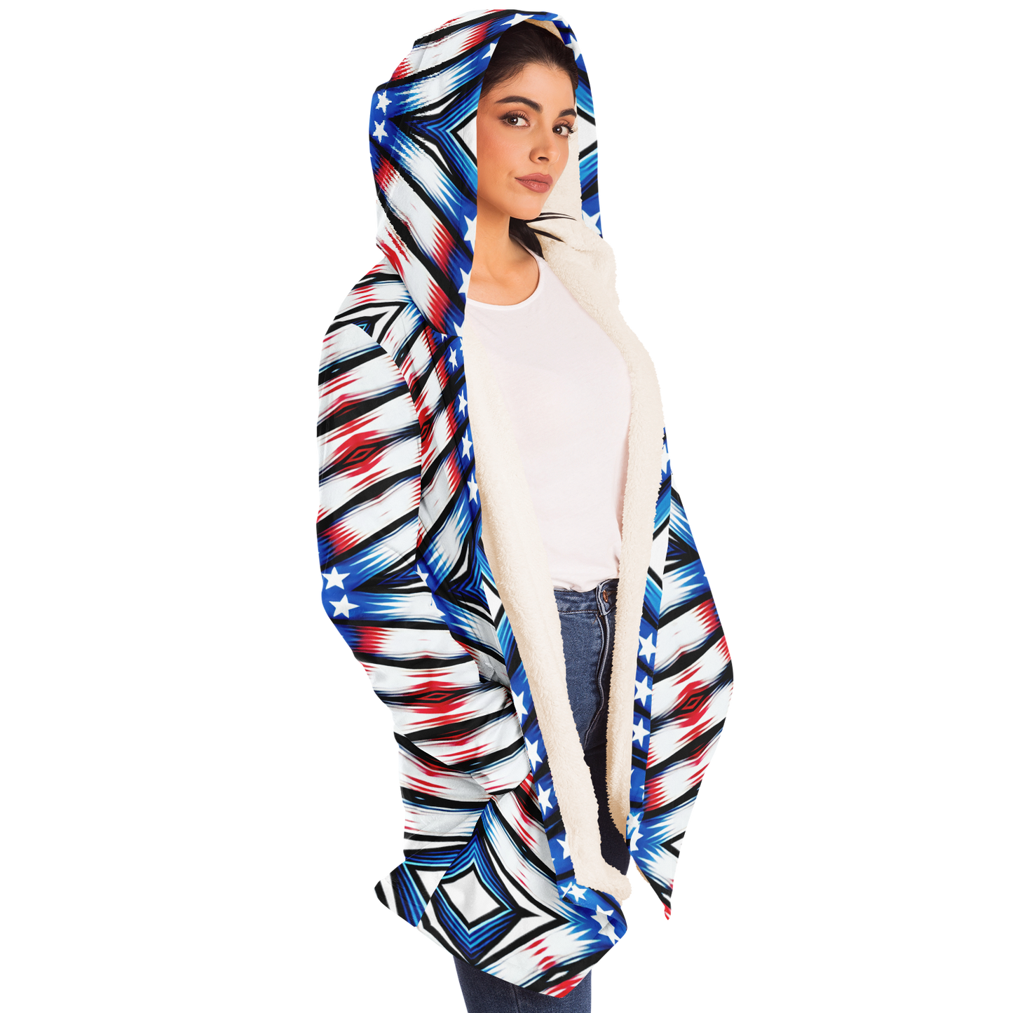 Women's Red White Blue Geometric Pattern All-Over Print Microfleece Cloak