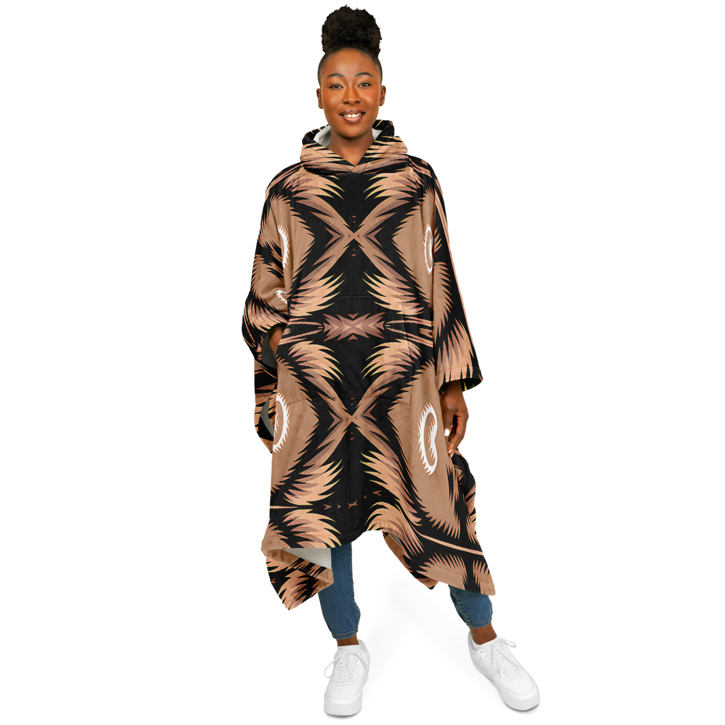 Women's Brown Geometric Pattern All-Over Print Flannel Blanket Poncho