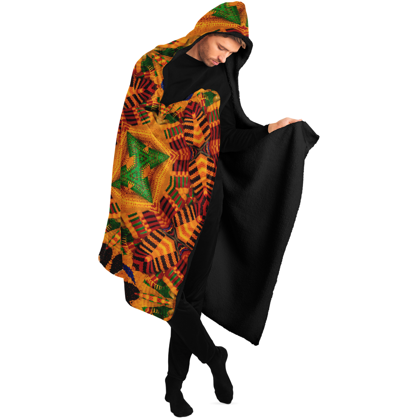 Men's Vibrant Orange & Blue Geometric Pattern Hooded Blanket Micro Fleece