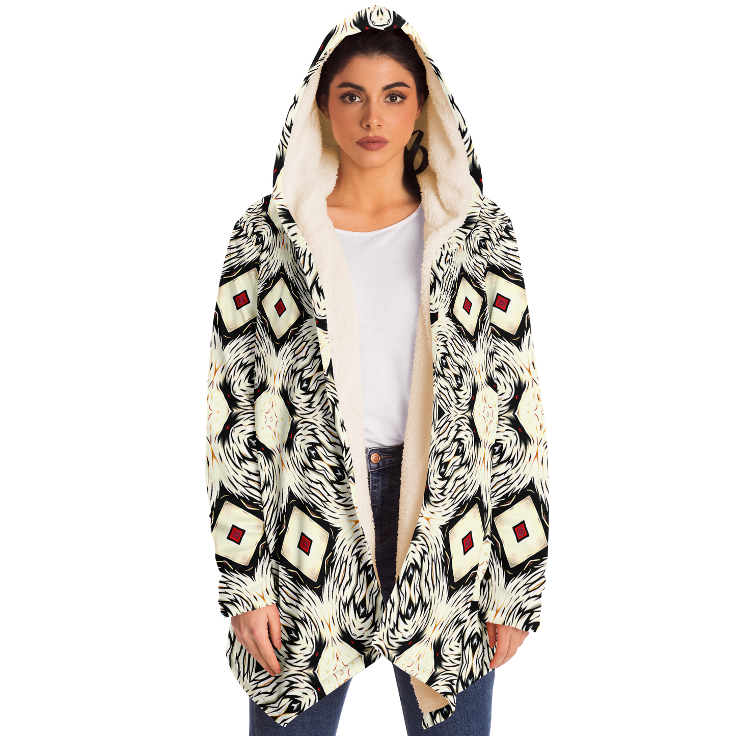 Women's Black & Cream Geometric Pattern All Over Print Microfleece Cloak