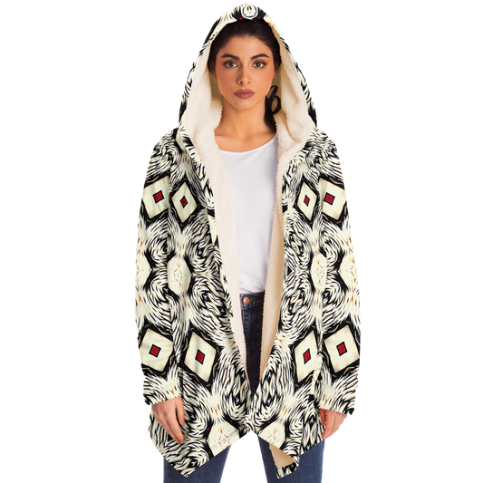 Women's Black & Cream Geometric Pattern All Over Print Microfleece Cloak