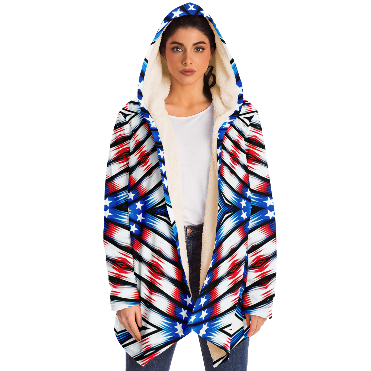 Women's Red White Blue Geometric Pattern All-Over Print Microfleece Cloak