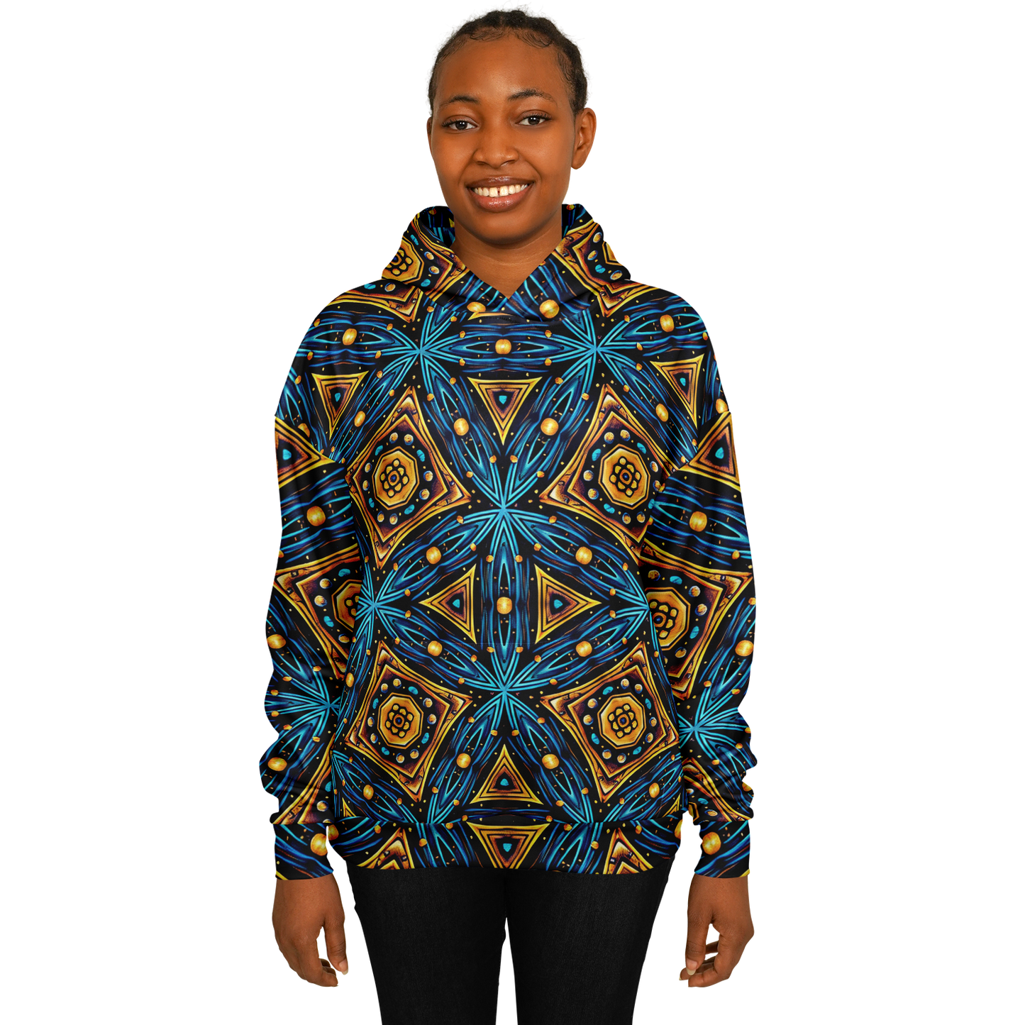 Women's Blue & Gold Geometric Pattern All Over Print Heavyweight Oversized Hoodie