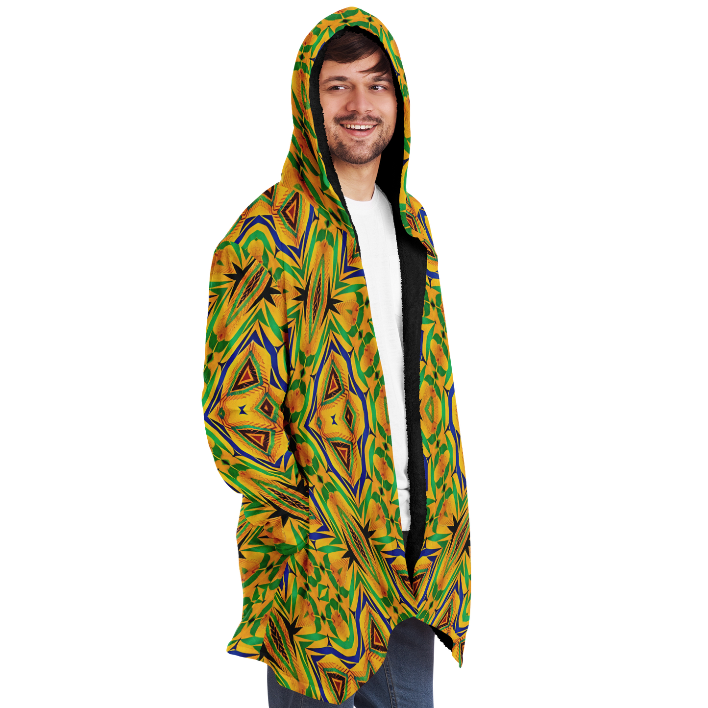 Men's Vibrant Yellow Green Geo Kente Pattern All-Over Print Microfleece Cloak