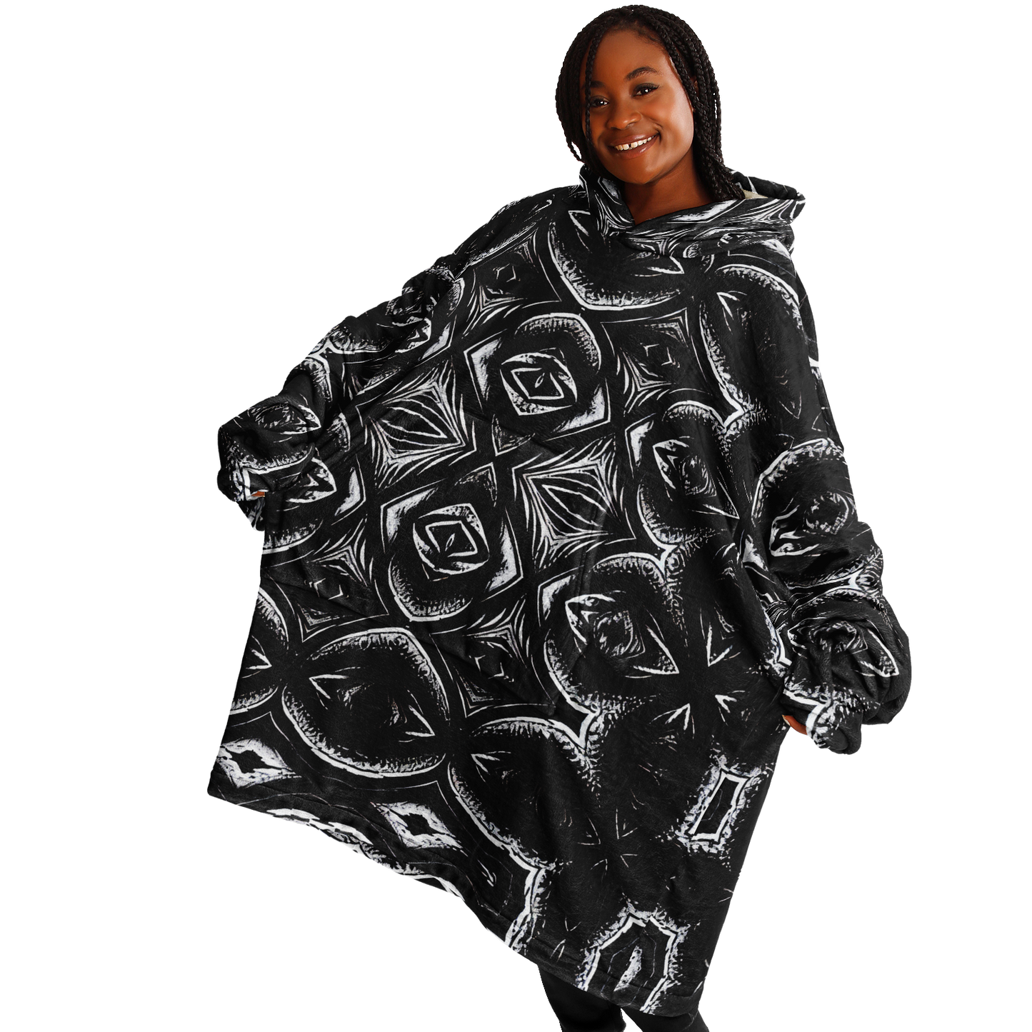 Women's Black Kaleidoscope Pattern All-Over Print Snug Hoodie Economy