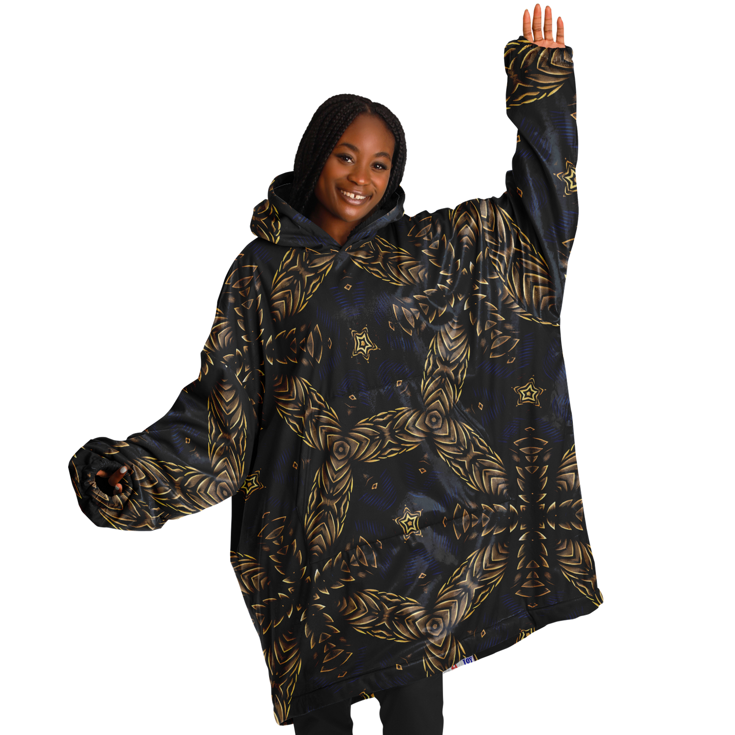 Women's Asymmetrical Gold, Blue & Black Pattern All Over Print Snug Hoodie