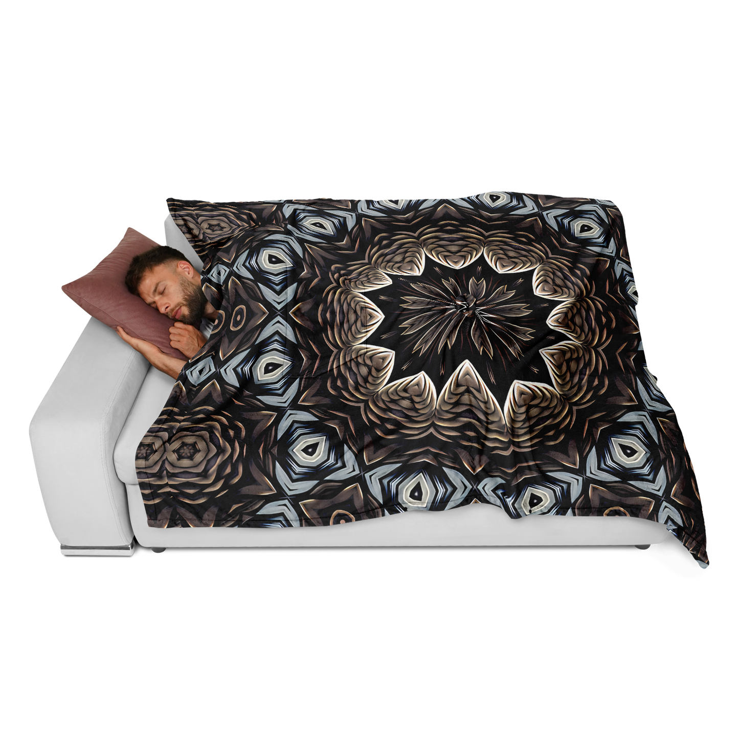 Men's Black & Taupe Kaleidoscope Floral Pattern Flannel Blanket Poncho All Over Print