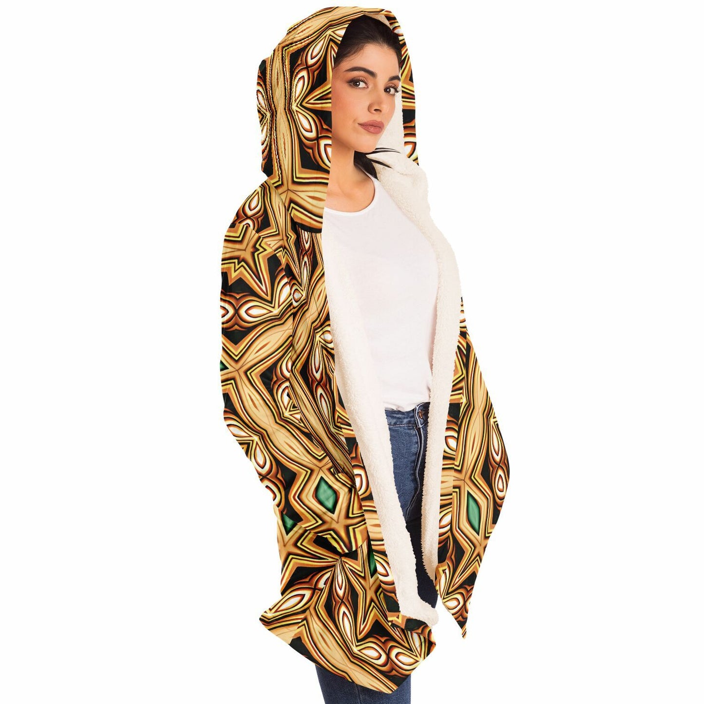 Women's Retro Geometric Brown & Teal Pattern Microfleece Cloak