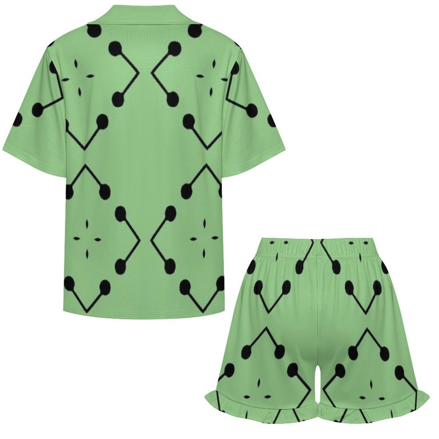 Women's Bold Green Geometric Black Dot-Node Pattern All-Over Print Ruffled Short-Sleeve Pajama Set