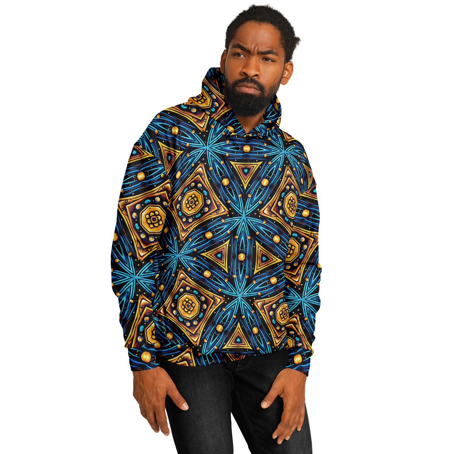 Men's Blue & Gold Geometric Pattern All Over Print Heavyweight Oversized Hoodie