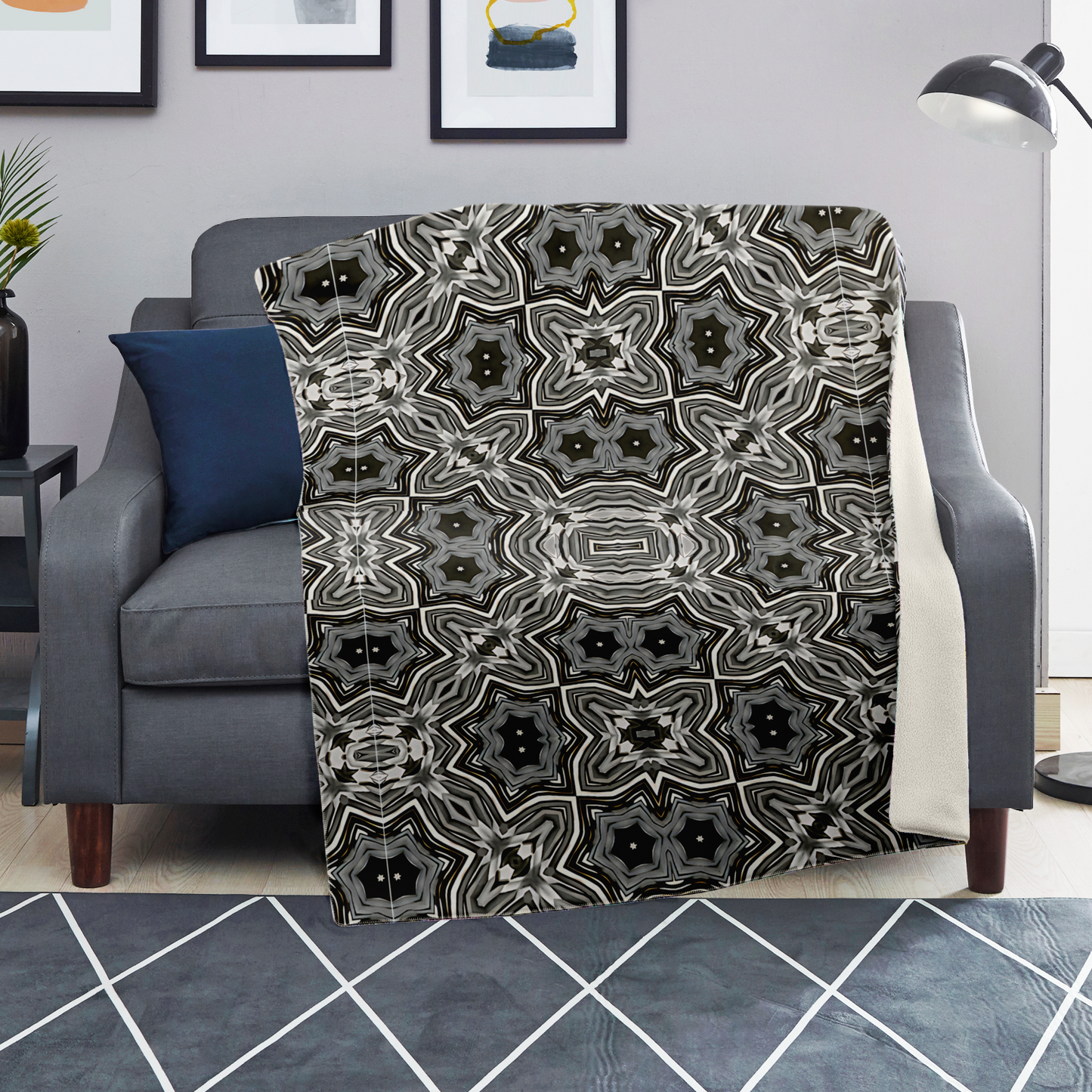 Blanket - Monochrome Kaleidoscope Pattern Premium Microfleece Blanket