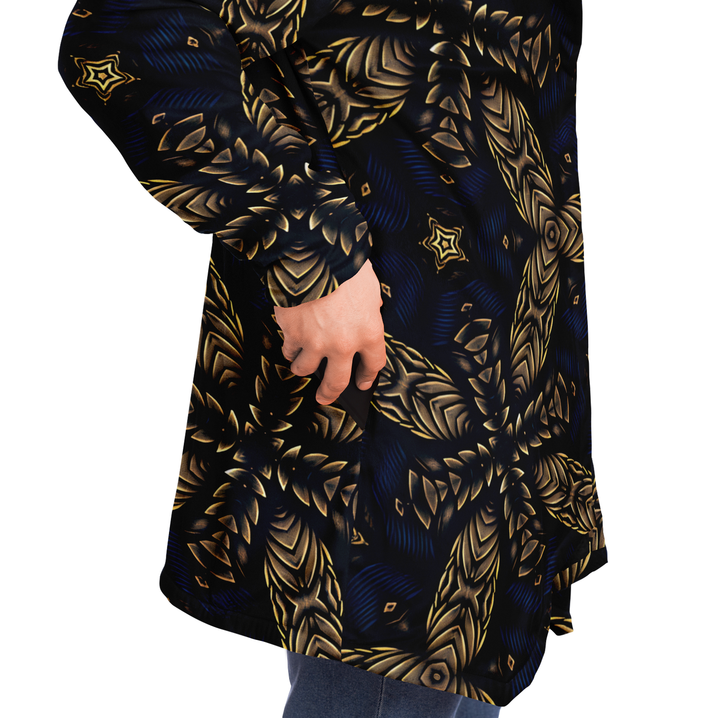 Men's Asymmetrical Gold, Blue & Black Pattern All Over Print Microfleece Cloak