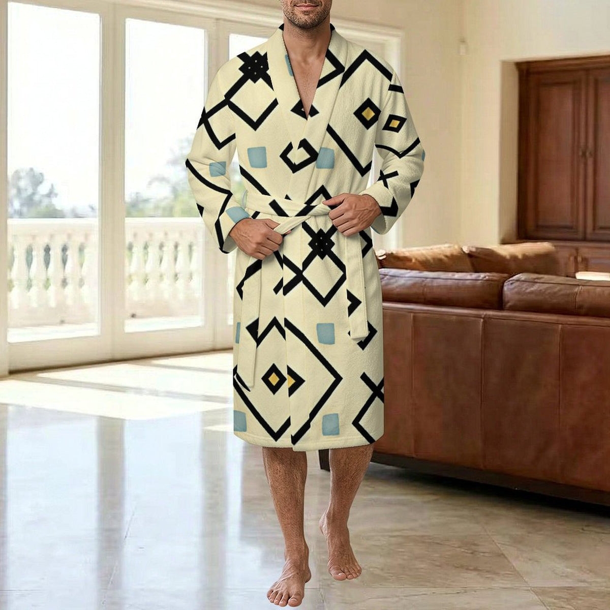 Men's Retro Cream Geo Diamond Pattern All Over Print Flannel Adult Lounge Robe