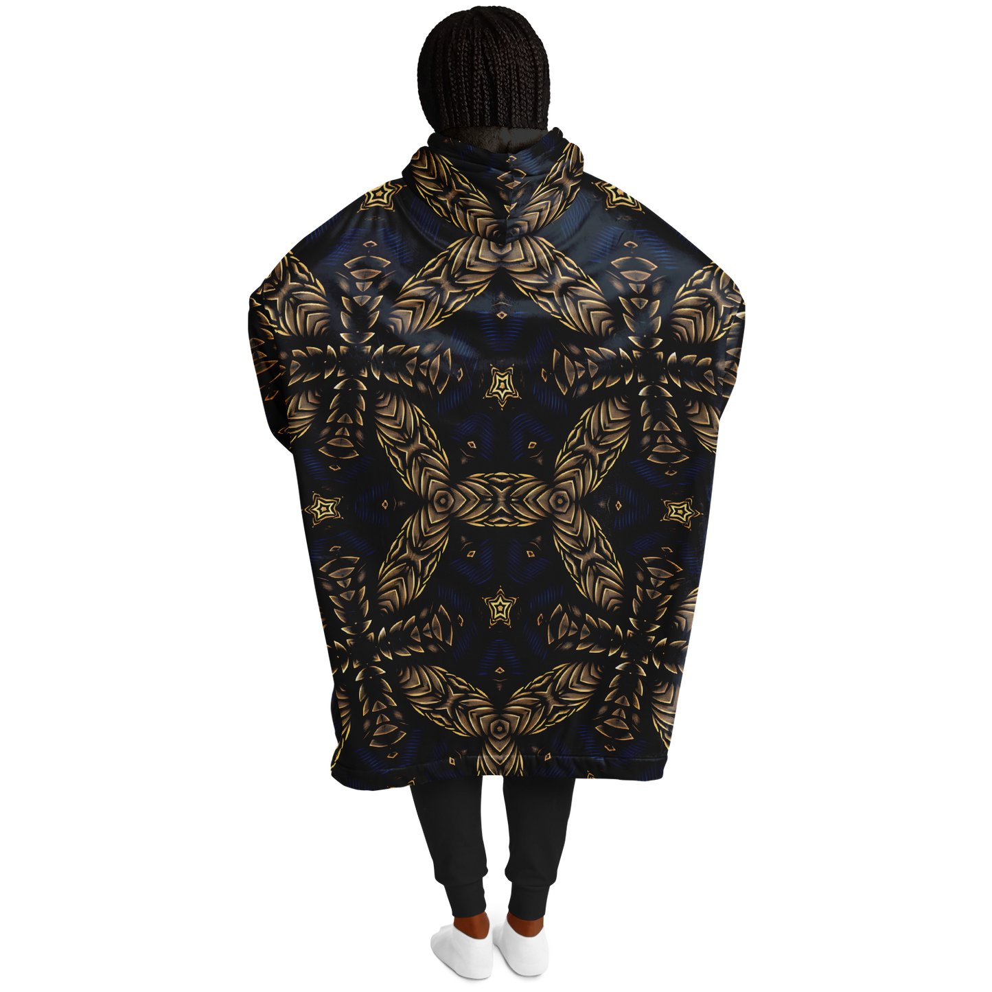 Women's Asymmetrical Gold, Blue & Black Pattern All Over Print Snug Hoodie
