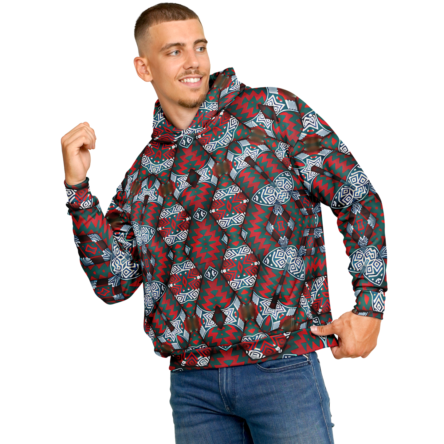 Men's Red & Teal Geometric Pattern Heavyweight Oversized Hoodie