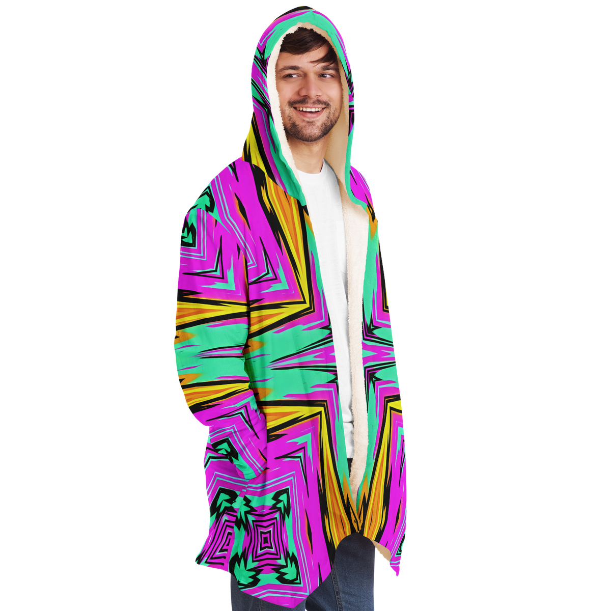 Men's Neon Geometric Star Pattern Design All Over Print Microfleece Cloak