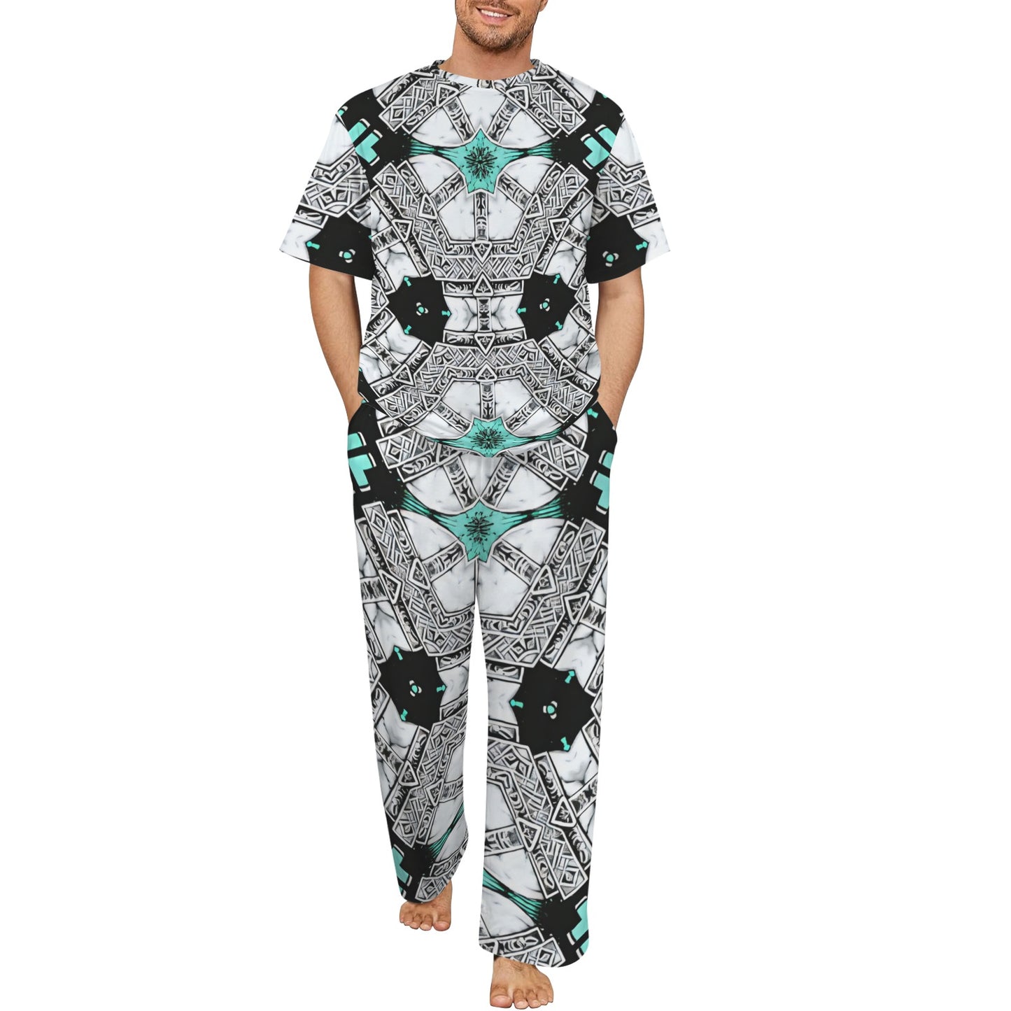 Men's Kaleidoscope Geo Pattern All Over Print Crew Neck Pajama Set