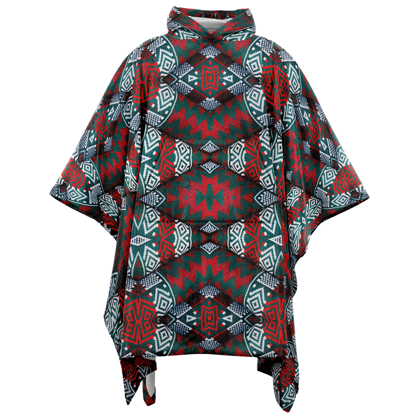 Women's Red, Green & Teal Tribal Geometric Pattern All-Over Print Flannel Blanket Poncho