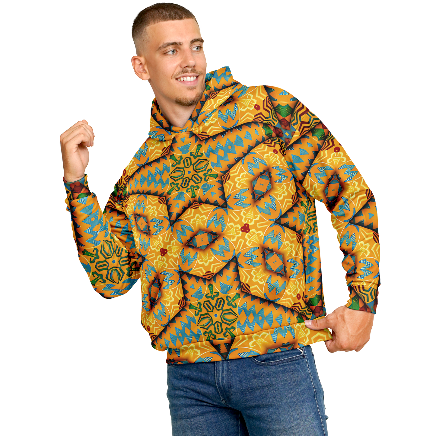 Men's Golden Geometric Mosaic Pattern Heavyweight Oversized Hoodie
