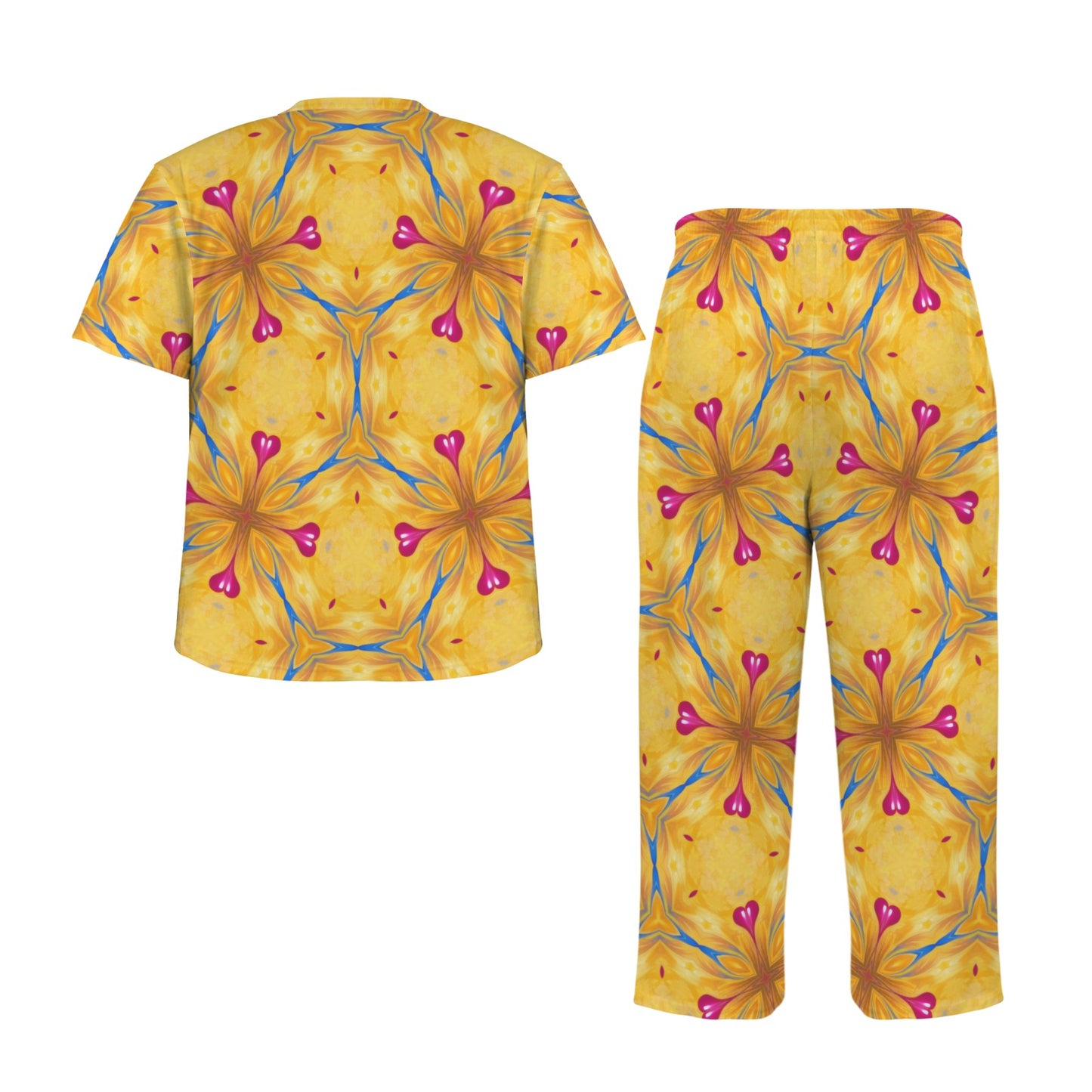 Men's Golden Vibrant  Floral Pattern All-Over Print Crew Neck Pajama Set