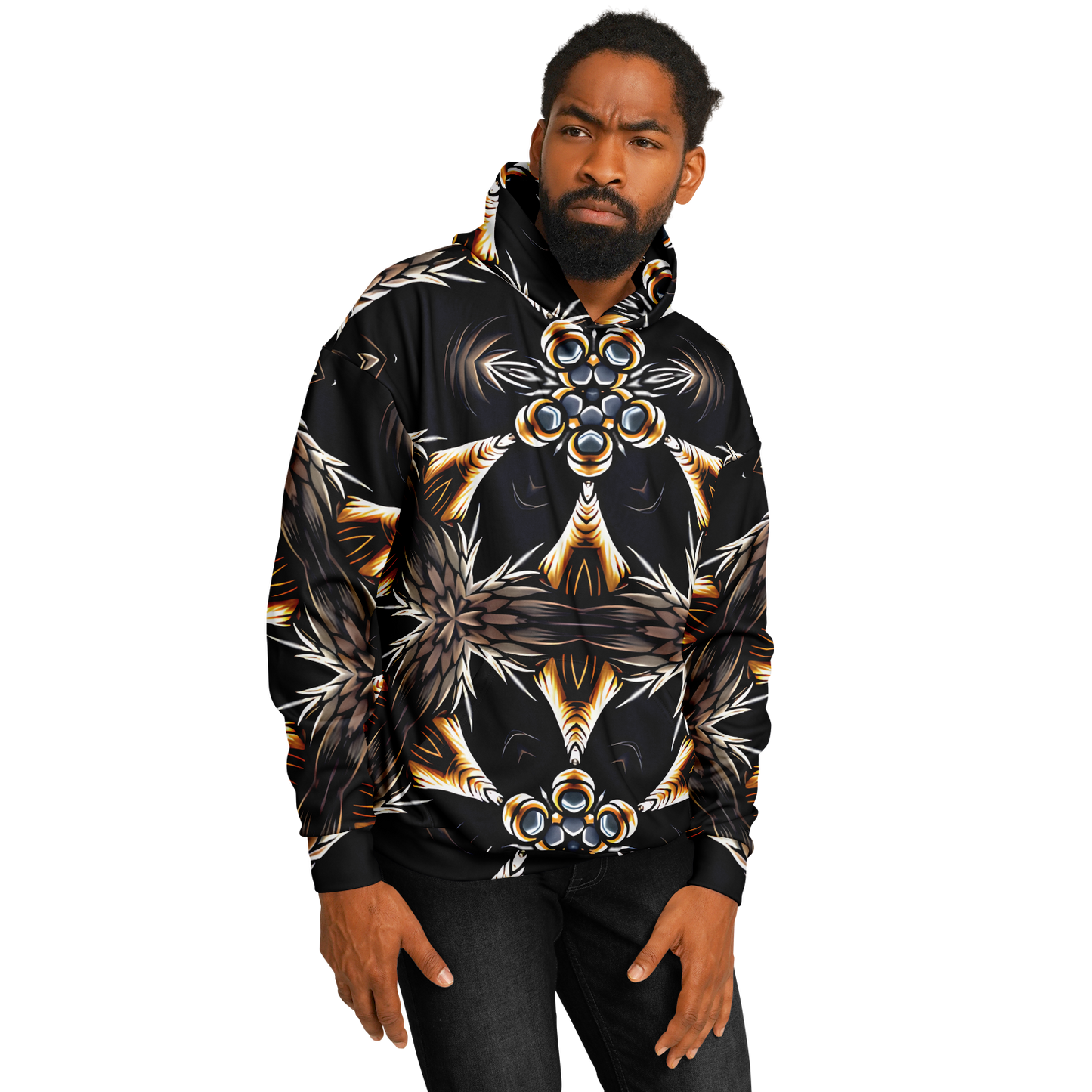 Men's Geometric Black & Gold Kaleidoscope Print Heavyweight Oversized Hoodie