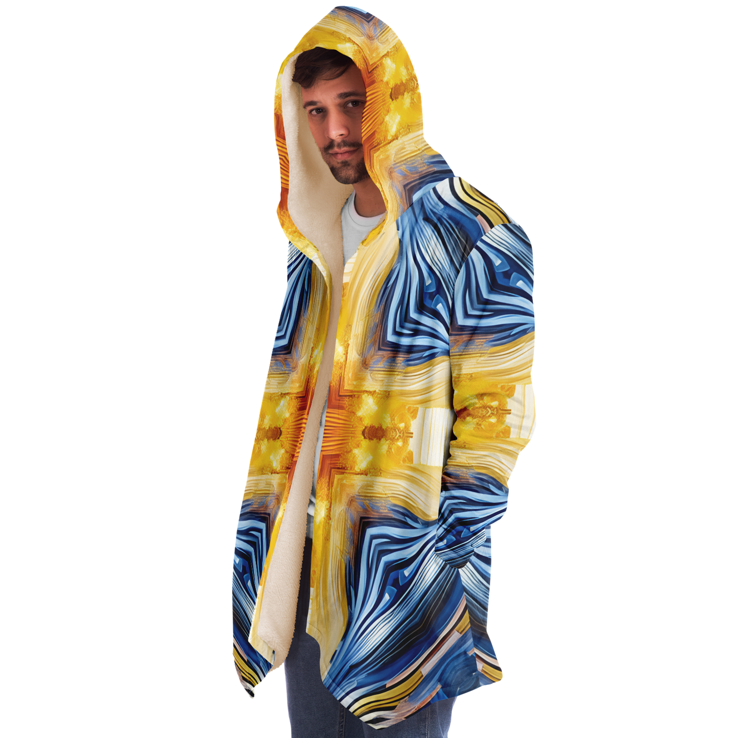 Men’s Bright Orange & Blue Abstract All Over Print Microfleece Cloak