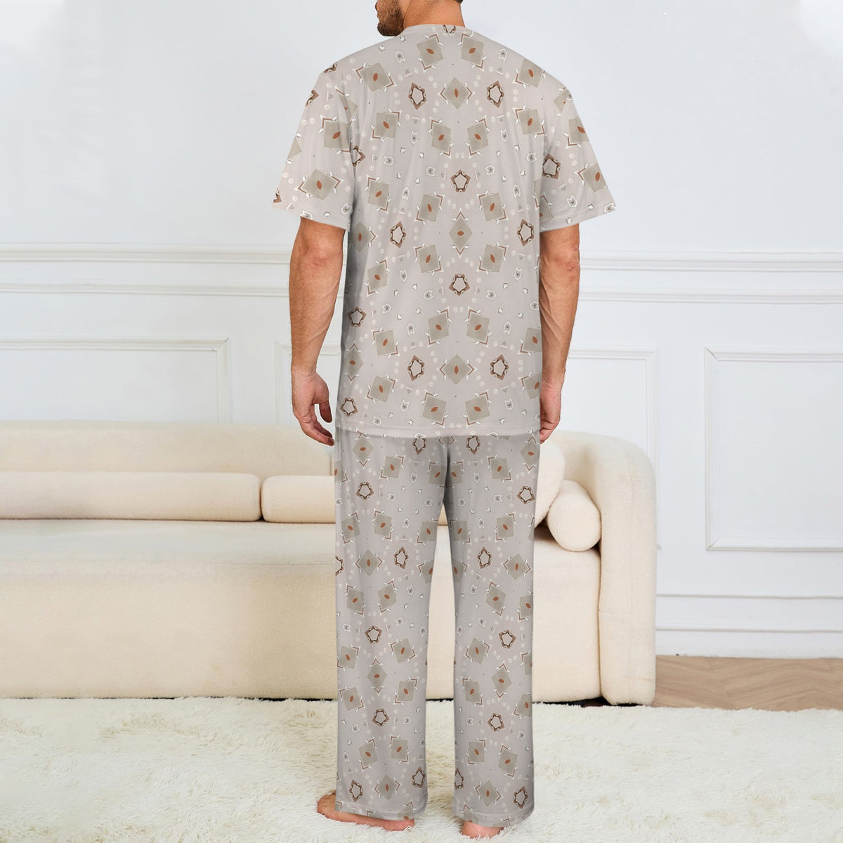 Men's Beige Neutral Geo Pattern Design All-Over Print Men's Crew Neck Pajama Set