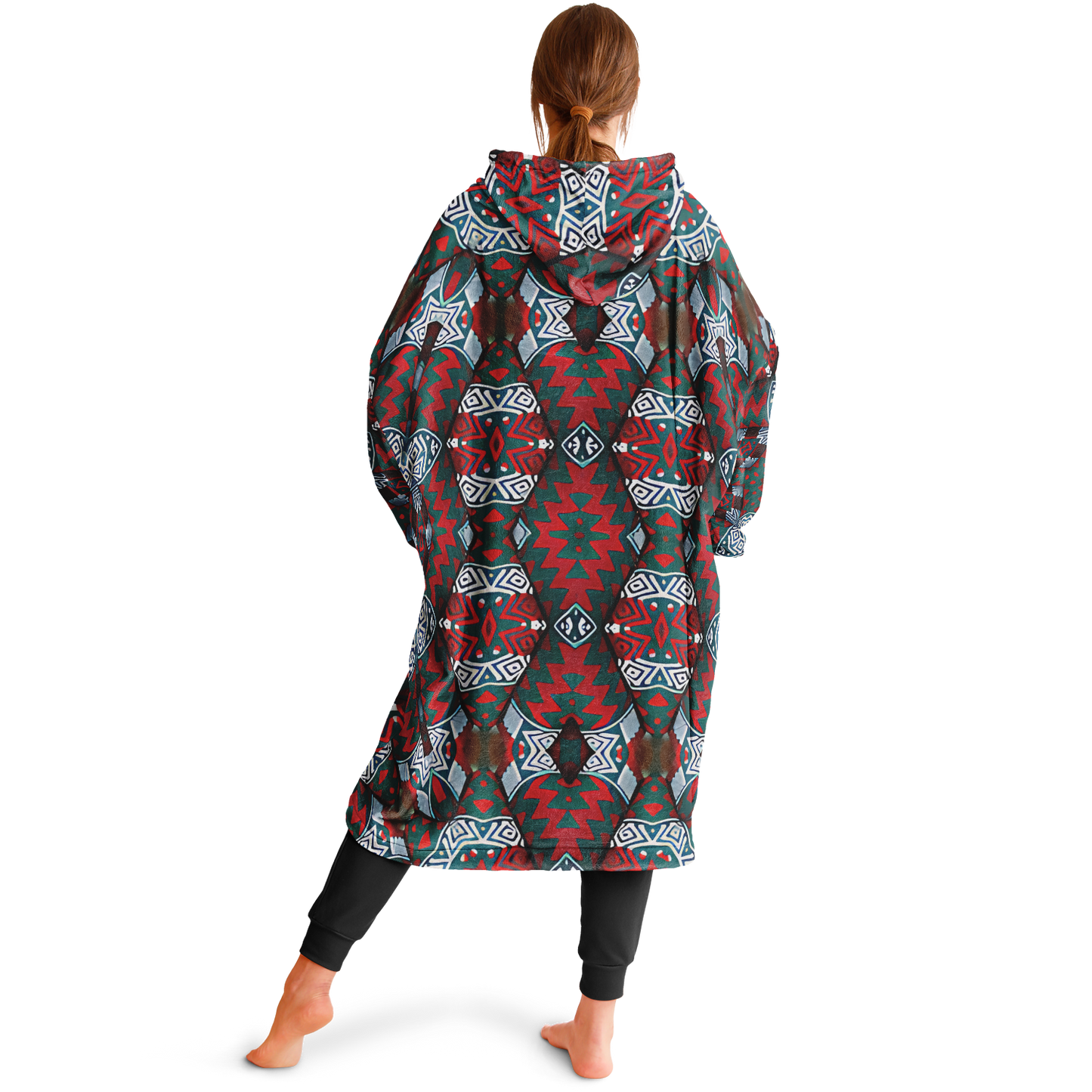 Women's Red & Teal Geometric Pattern Snug Hoodie Economy