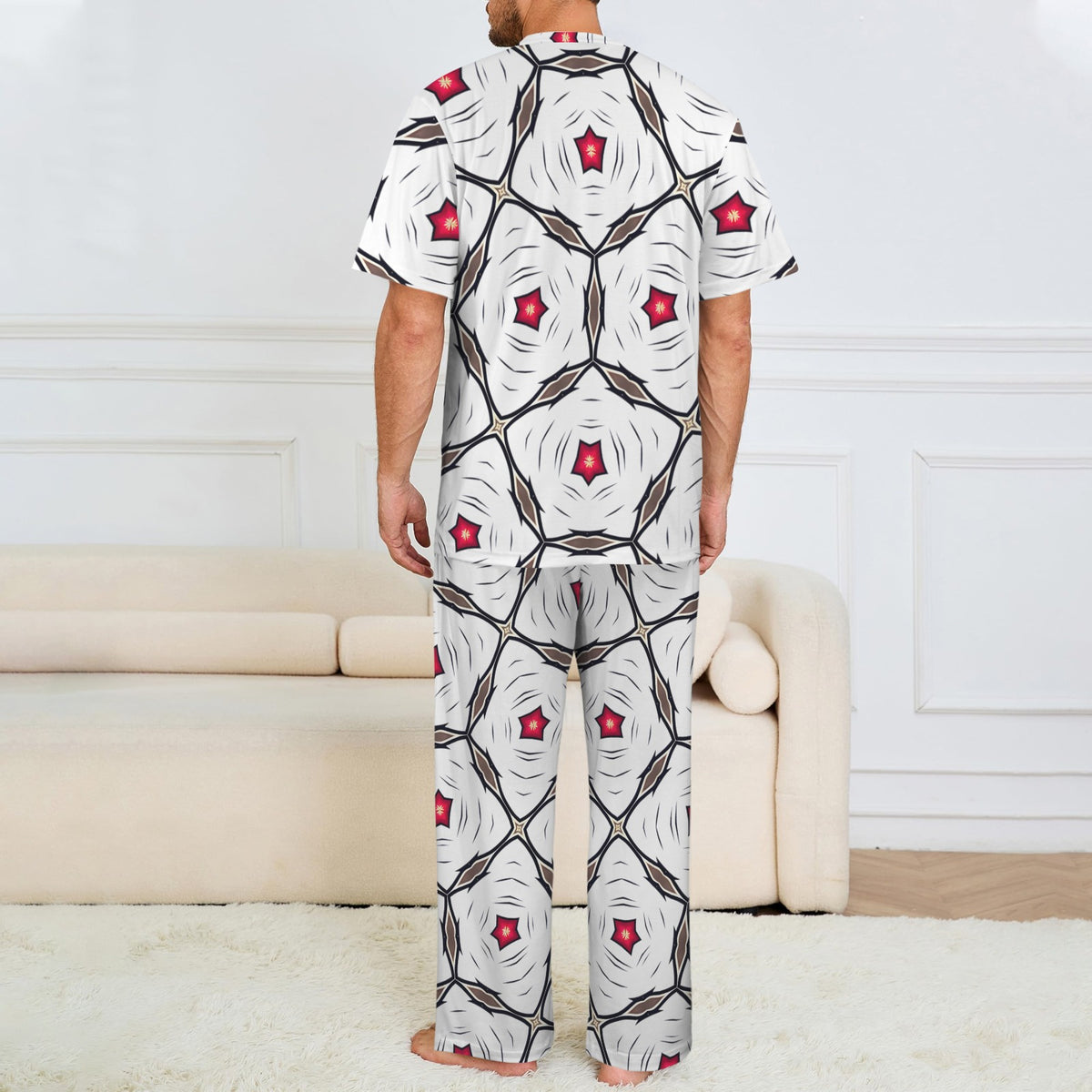 Men's Geometric White Red Patterned Design All-Over Print Men's Crew Neck Pajama Set
