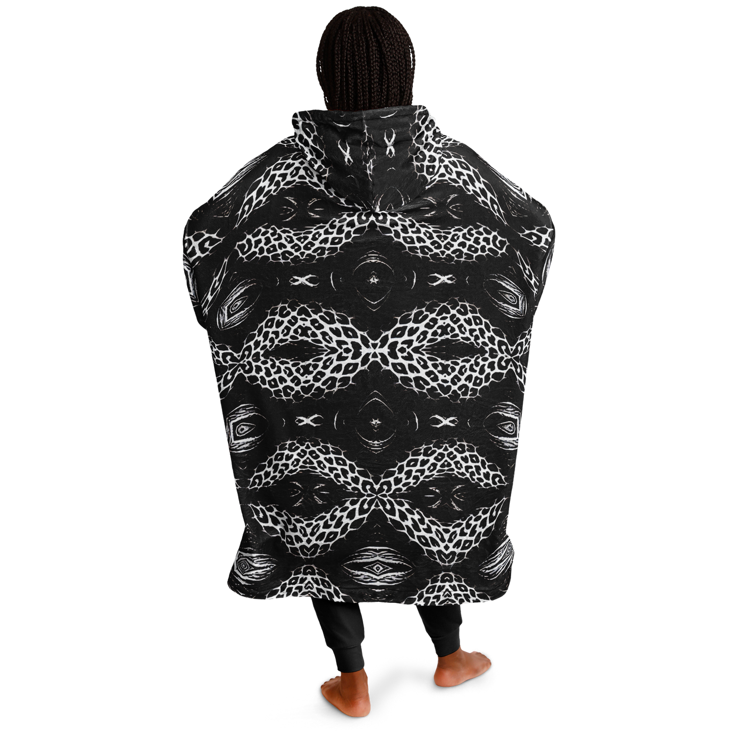 Women's Black & White Kaleidoscope Leopard All Over Print Snug Hoodie Economy