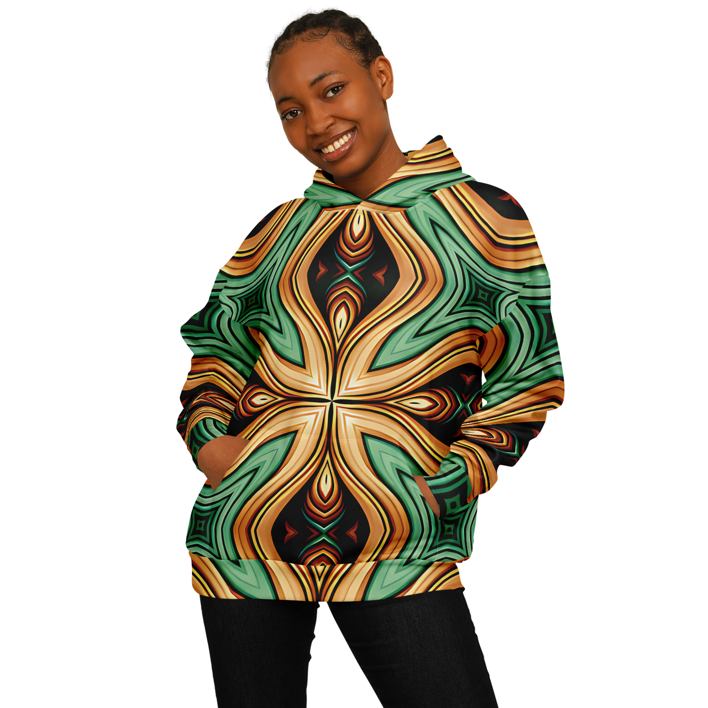 Women's  Green & Gold Retro Kaleidoscope Pattern Heavyweight Oversized Hoodie